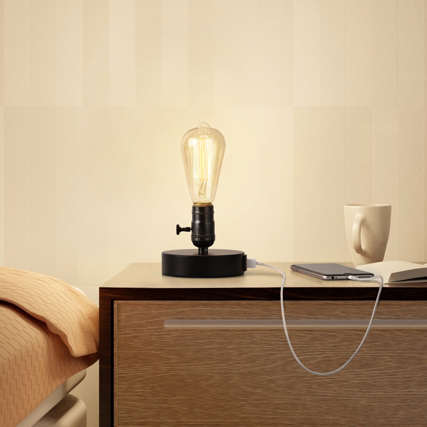 2PCS Vintage Industrial Table Lamps Bedside Desk Lamps with 2 USB Ports, Metal Base E26 Bulb Compatible, Retro Farmhouse Decor for Bedroom, Office, or Caf&#xE9;