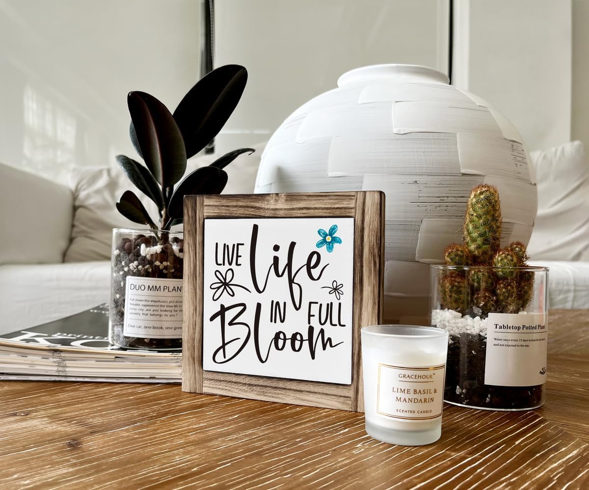 Spring Wood Sign, Box Wood Plaques Desk D&#xE9;cor, Tabletop Shelf Decoration, Inspirational Spring Quotes, Spring Summer Decor Art, Farmhouse Wood Sign, Rustic Home Decor, Live Life in Full Bloom