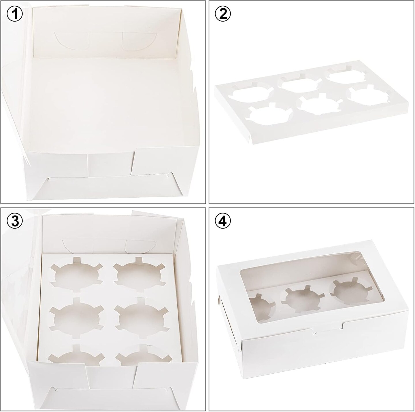 50-Pc White 6-Cupcake Boxes – Window Insert, Bakery Boxes for Muffins & Cookies