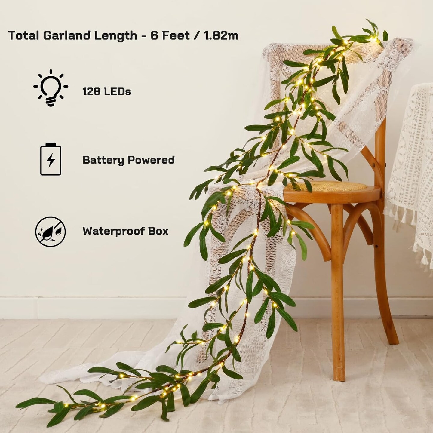 6 Ft Olive Garland with Lights, Pre-Lit Artificial Greenery Decor