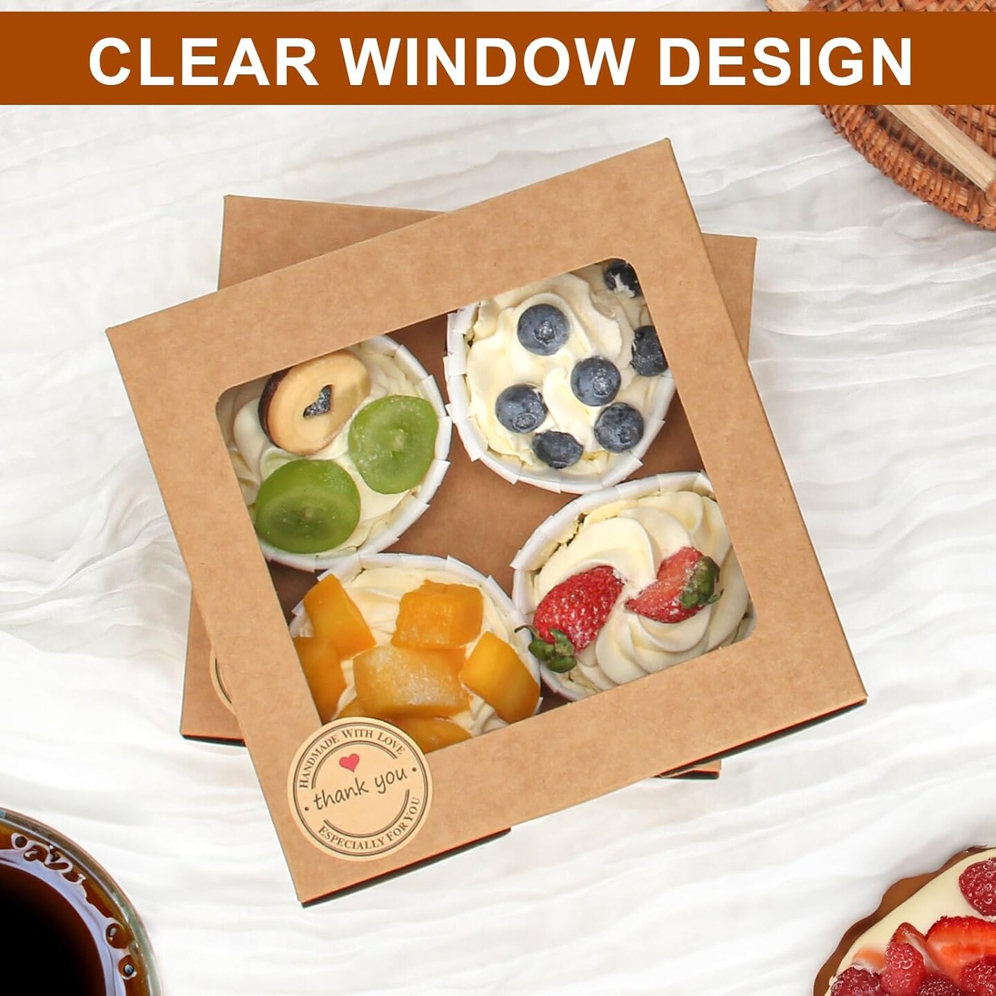 50 PCS Cupcake Boxes with Window Cupcake Containers 4 Count, Cookie Boxes 6x6x3 Inch, Bakery Pastry Cake Dessert Treat Boxes with Stickers &#x26; Jute Twine