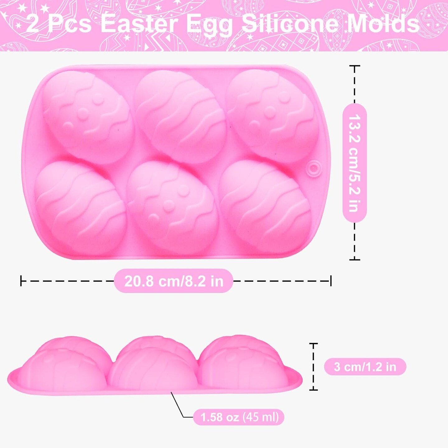 Easter Egg Silicone Molds, Pink Silicone Cake Molds for Baking for Holiday/Birthday/Party, Large Stuffed Chocolate Breakable Egg Molds for Dessert, 6 Cavities 2 Pcs