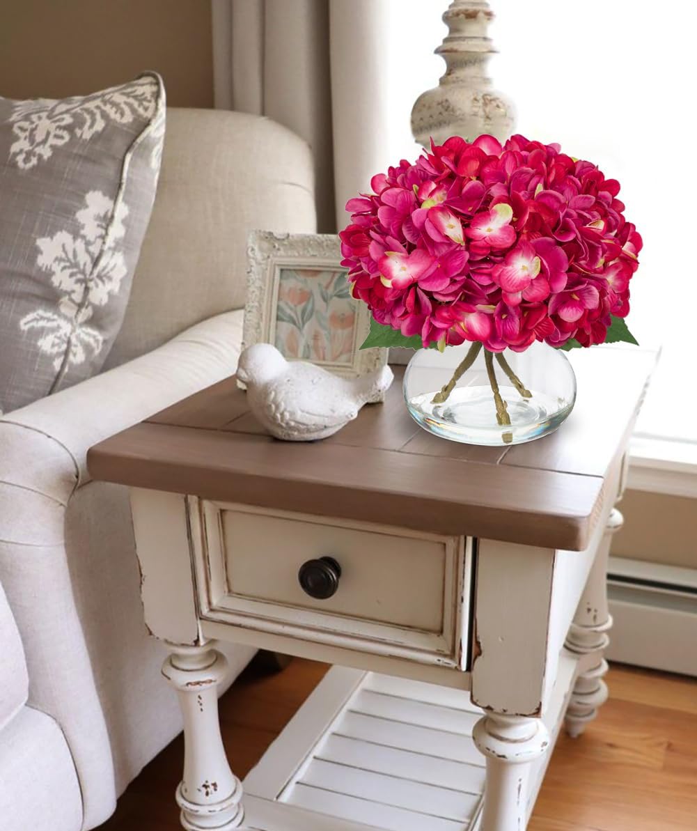 Hydrangea Artificial Flowers with Glass Vase Fuchsia Silk Faux Flowers Arrangements in Vase with Faux Water Fake Floral Bulk Bouquet for Home Decor Table Centerpiece Decorations