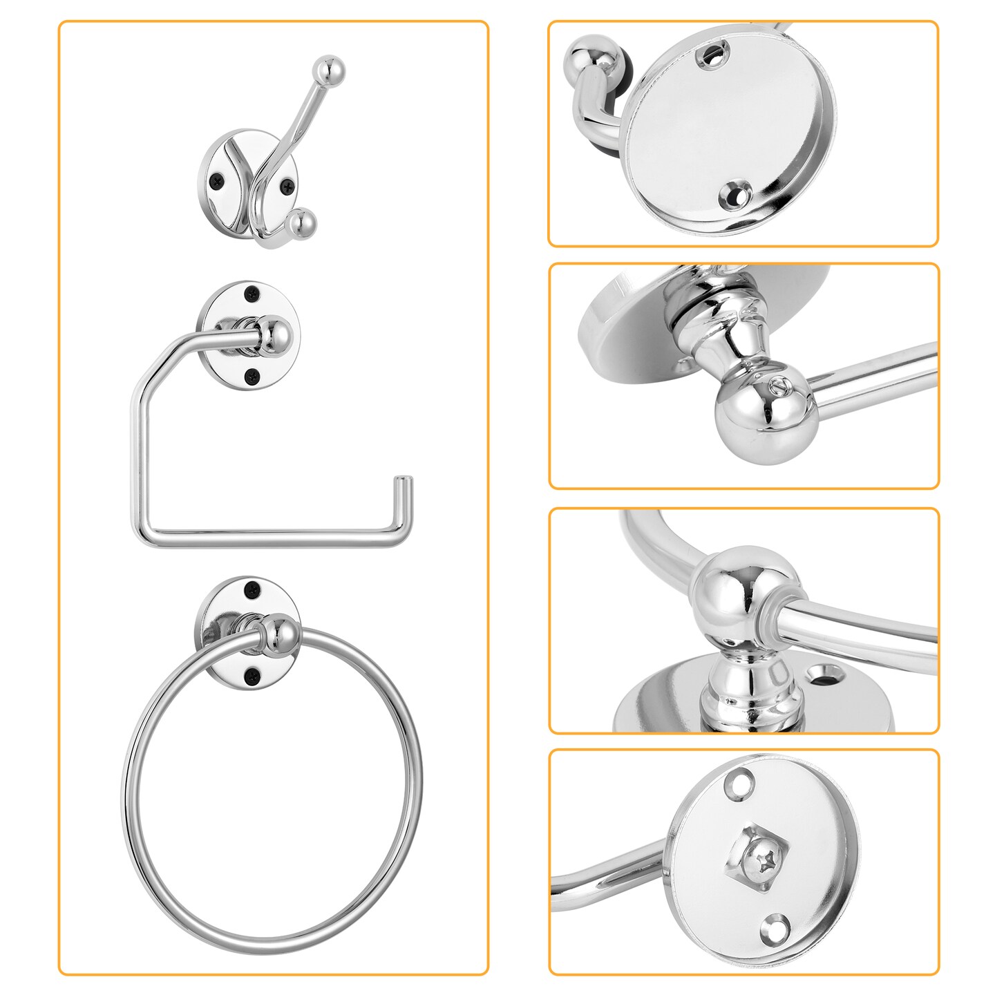 4-Piece Stainless Steel Bathroom Set Toilet Paper Holder, Towel Ring &#x26; 2 Hooks Rustproof Compact Design, Easy Installation for Modern Bathrooms