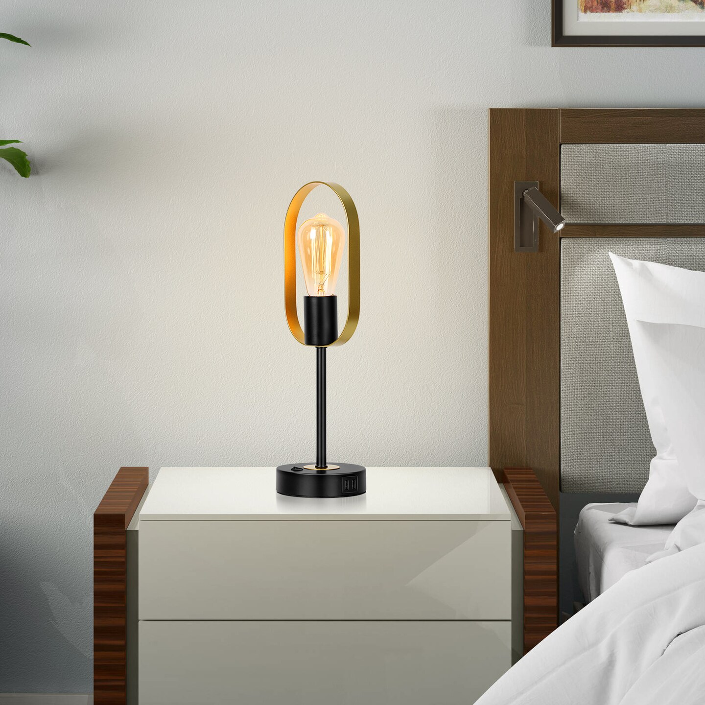 Modern Oval Ring Table Lamp Unique Desk Light with 2 USB Ports & AC Outlet for Bedroom, Office, or Living Room