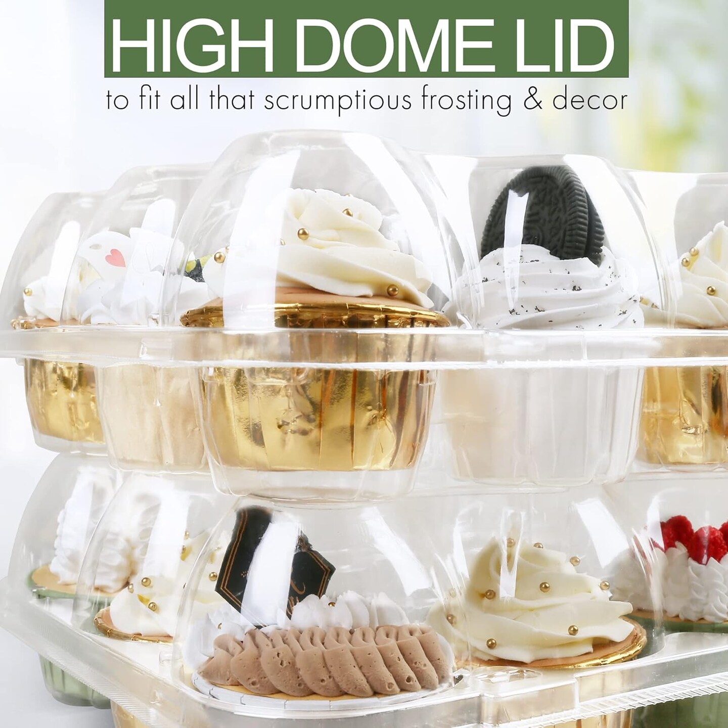 Cupcake Containers 12 Count, 12 Sets, Plastic Dozen Cupcake Boxes, Disposable Cupcake Carrier Holder with Detachable Tall Dome Lid, BPA Free, Standard Size