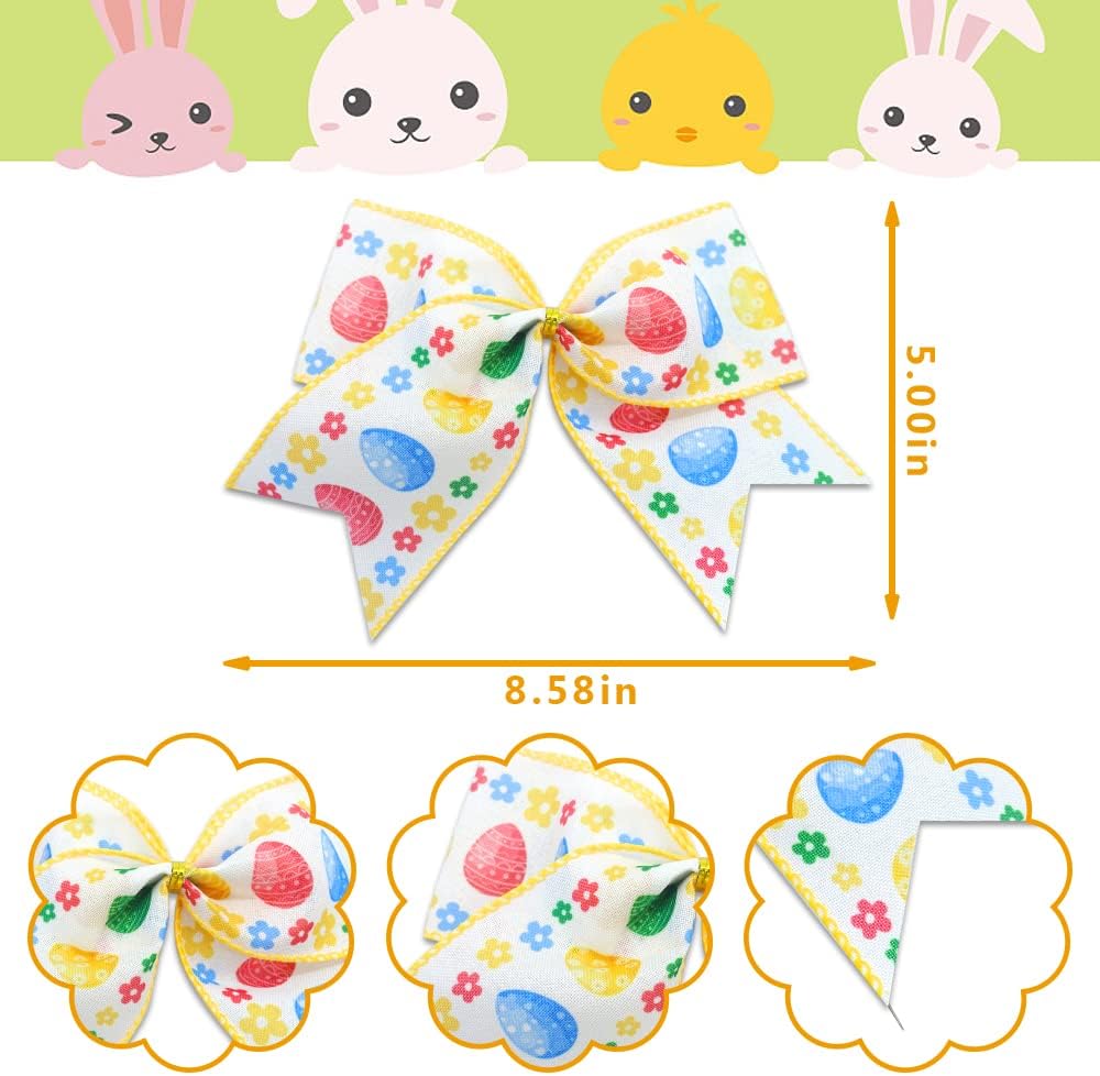 10 Pieces Easter Bows for Wreath, Happy Easter Wreath Bows White Yellow Burlap Bows Spring Holiday Eggs Flowers Gift Bows for Front Door Easter Spring Birthday Party Decorations Supplies