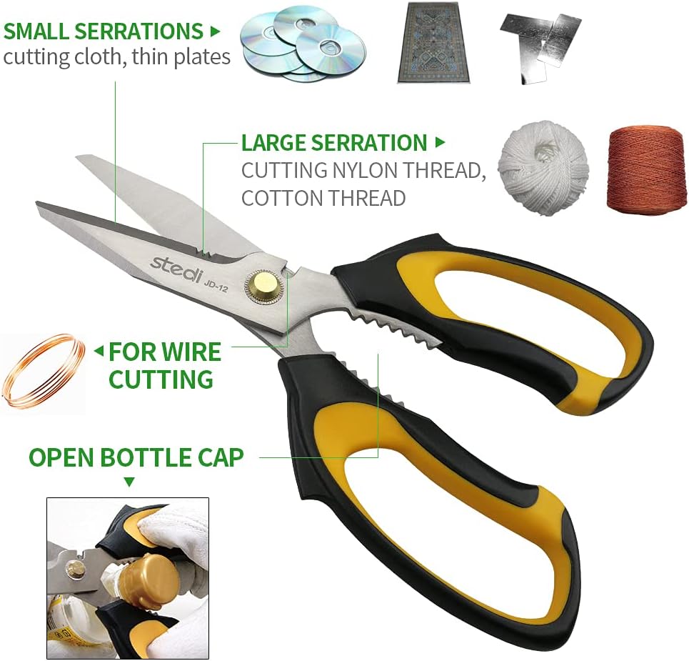 8-inch Scissors Heavy Duty, Multipurpose Scissors, Stainless Steel Blade, with Small Serrations and Protective Cover, Comfortable Non-Slip Handle, Easy Cutting Cardboard,Wires,Leather, Fabric.