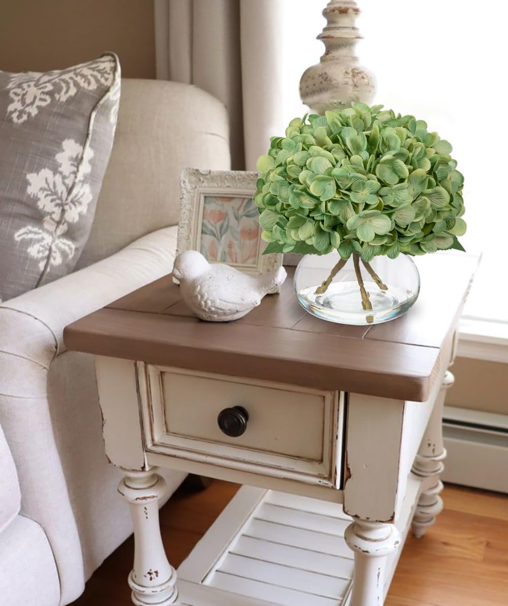 Hydrangea Artificial Flowers with Glass Vase Dark Green Silk Faux Flowers Arrangements in Vase with Faux Water Fake Floral Bulk Bouquet for Home Decor Table Centerpiece Decorations