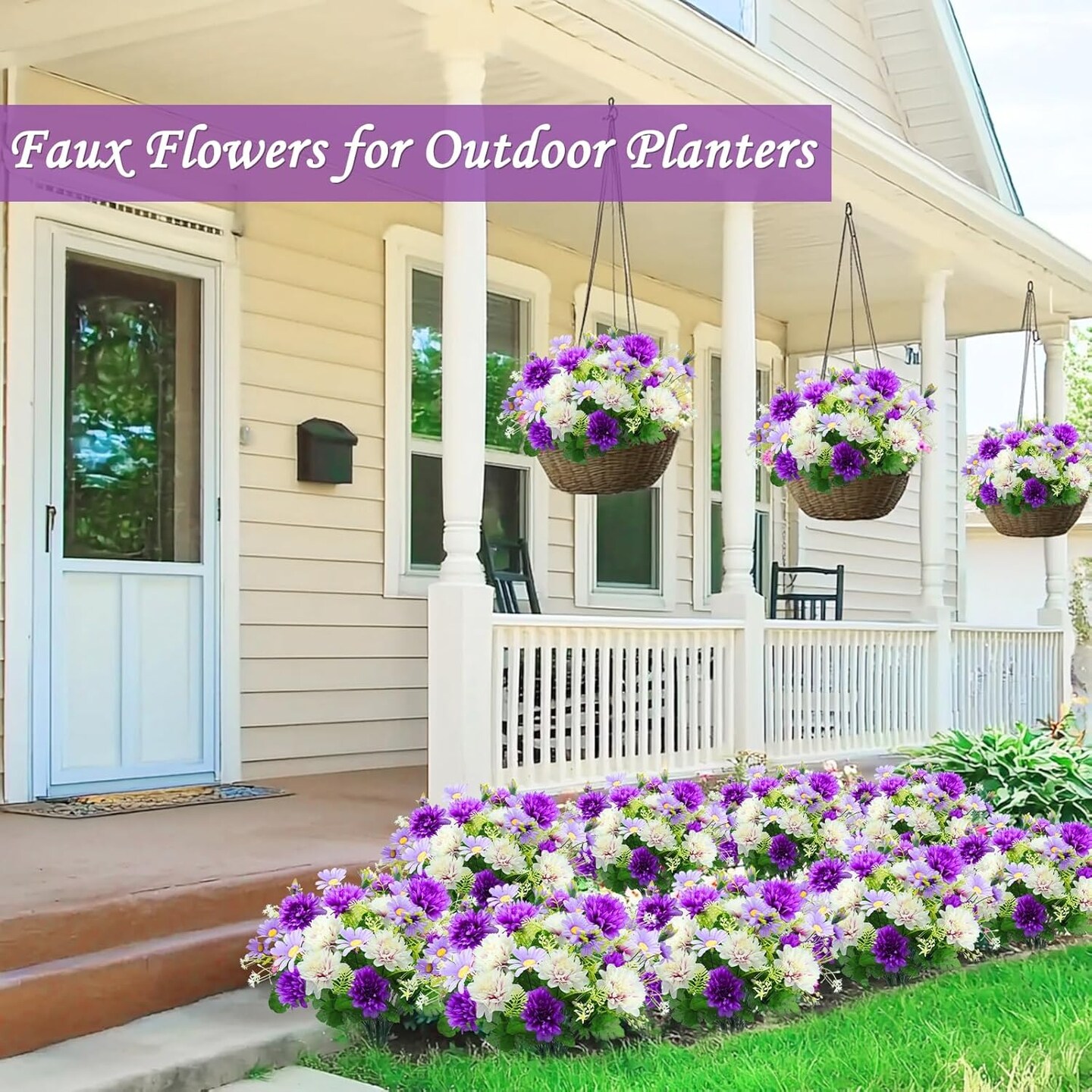 44-Head Artificial Dahlia & Daisy Flowers – 4 Bunches, 17-Inch Faux Mum Bouquet, UV-Resistant Outdoor & Indoor Decor for Home, Cemetery, Garden, Spring/Summer (Purple)