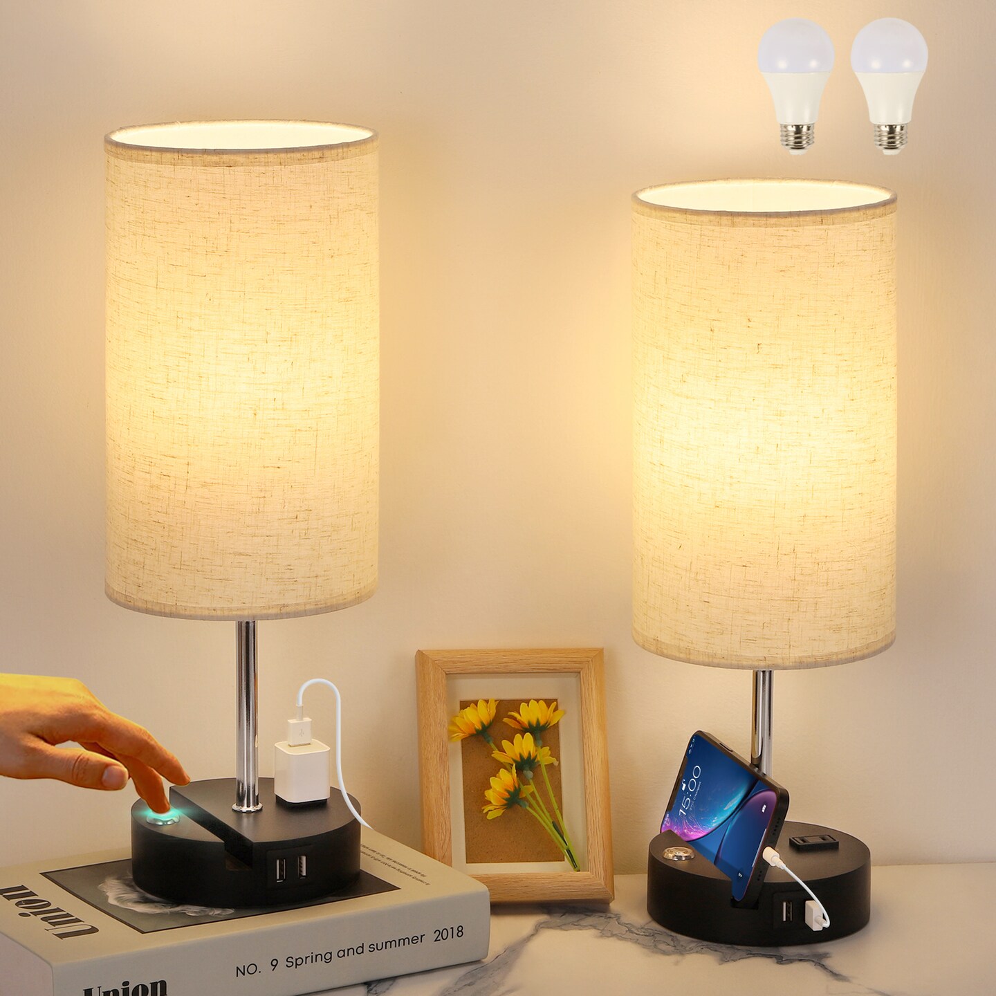 2pcs Touch Control Table Lamps with USB Ports Nightstand Lamp for Living Room