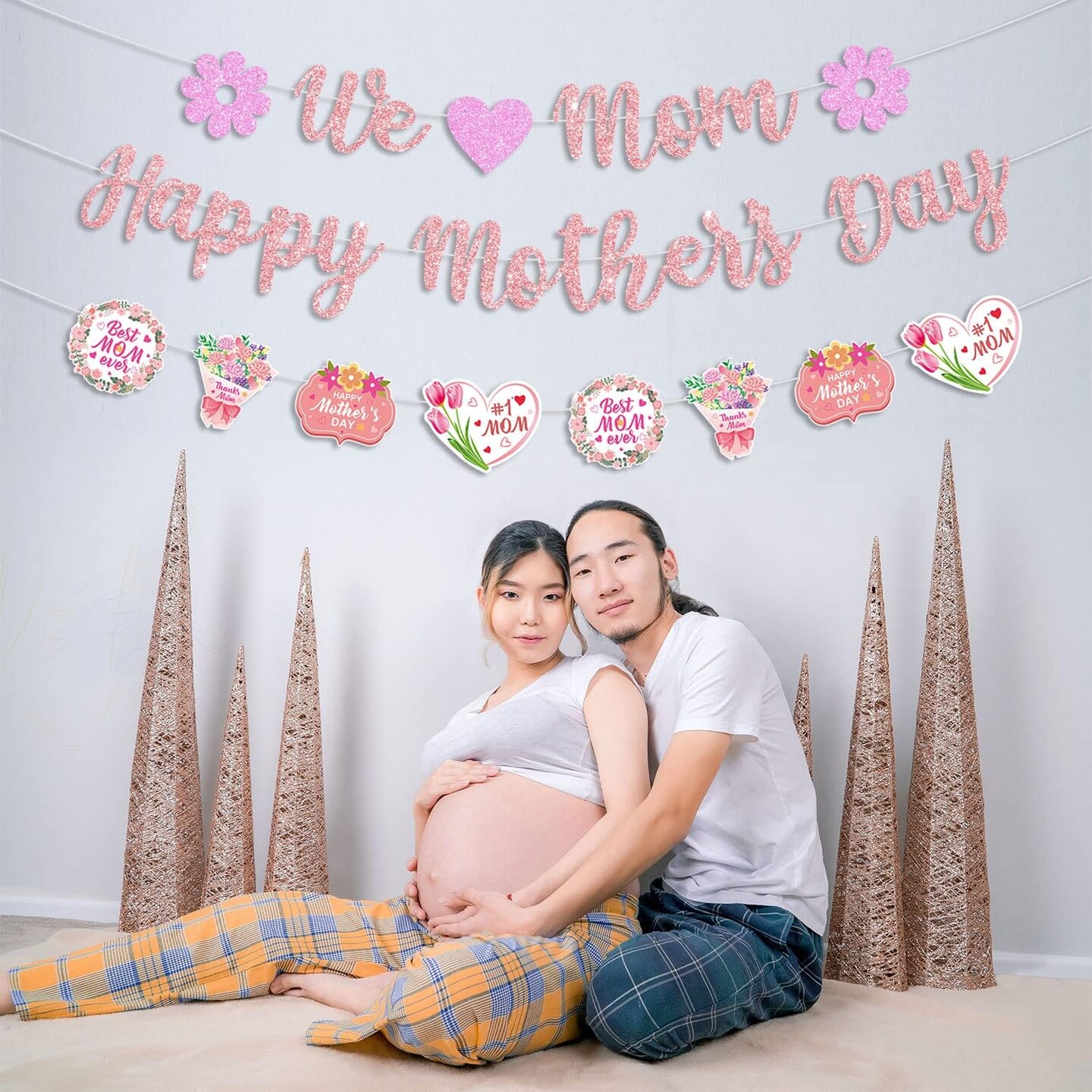 Glittery We Love Mom Happy Mother's Day Banner with Heart Flowers Rose Gold