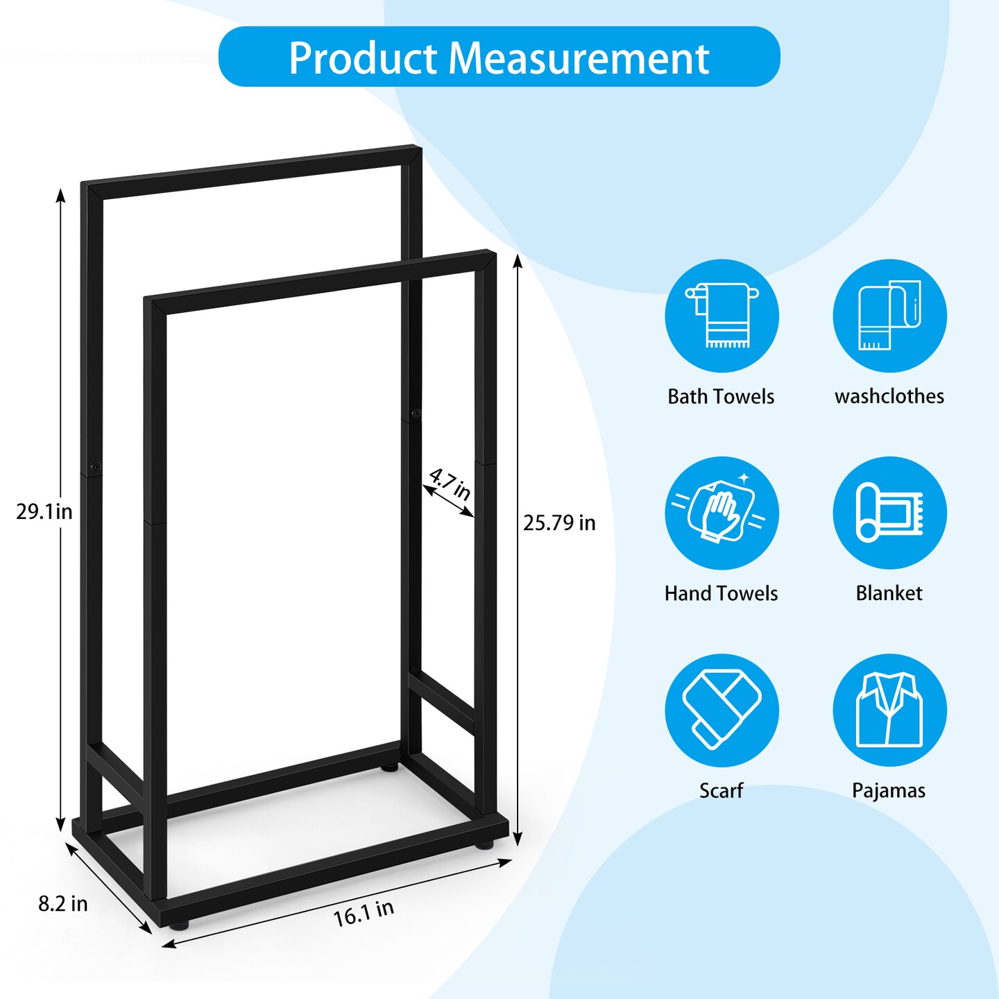 Square Tube Freestanding Towel Rack Modern Bathroom Storage Organizer for Towels & Clothes