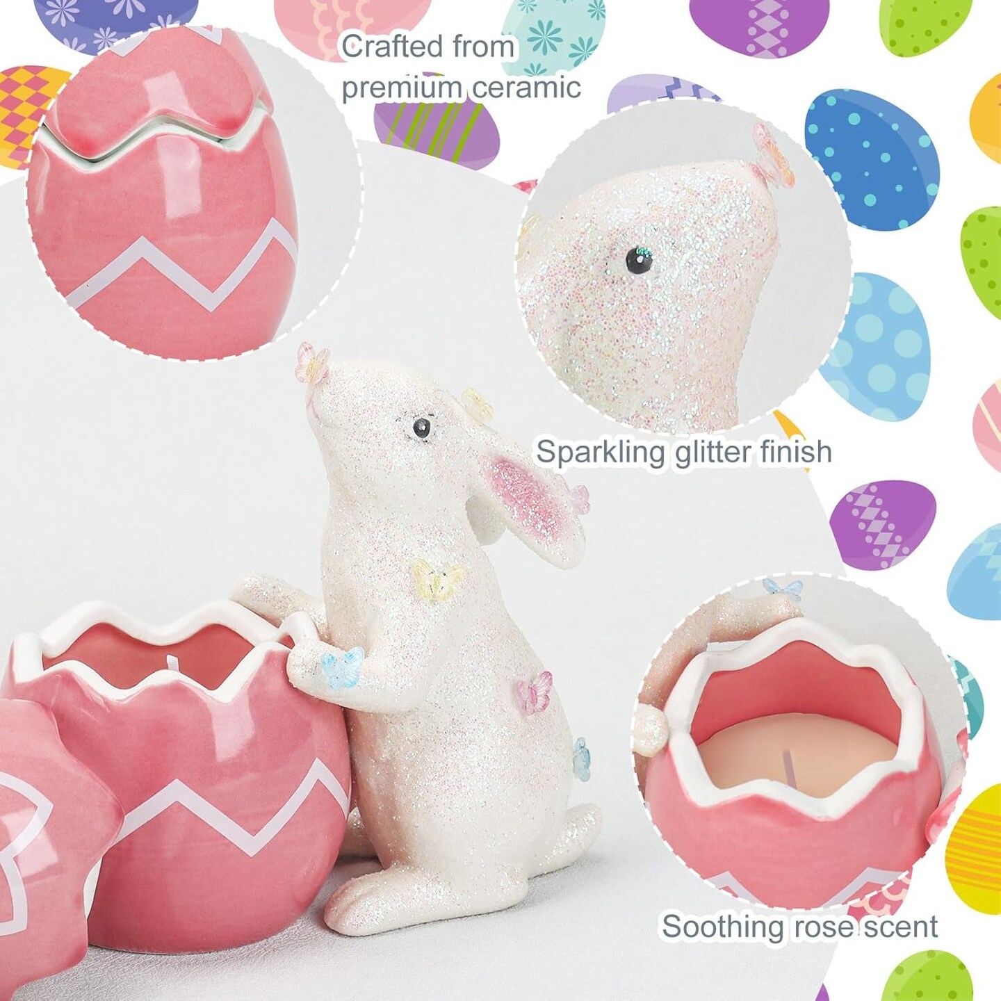 Ceramic Easter Bunny Figurines with Egg Scented Candle &#x26; DIY Stickers, Spring Home Decor for Farmhouse, Soy Wax Egg Jar, Rabbit Spring Decorations Indoor Gifts for Women