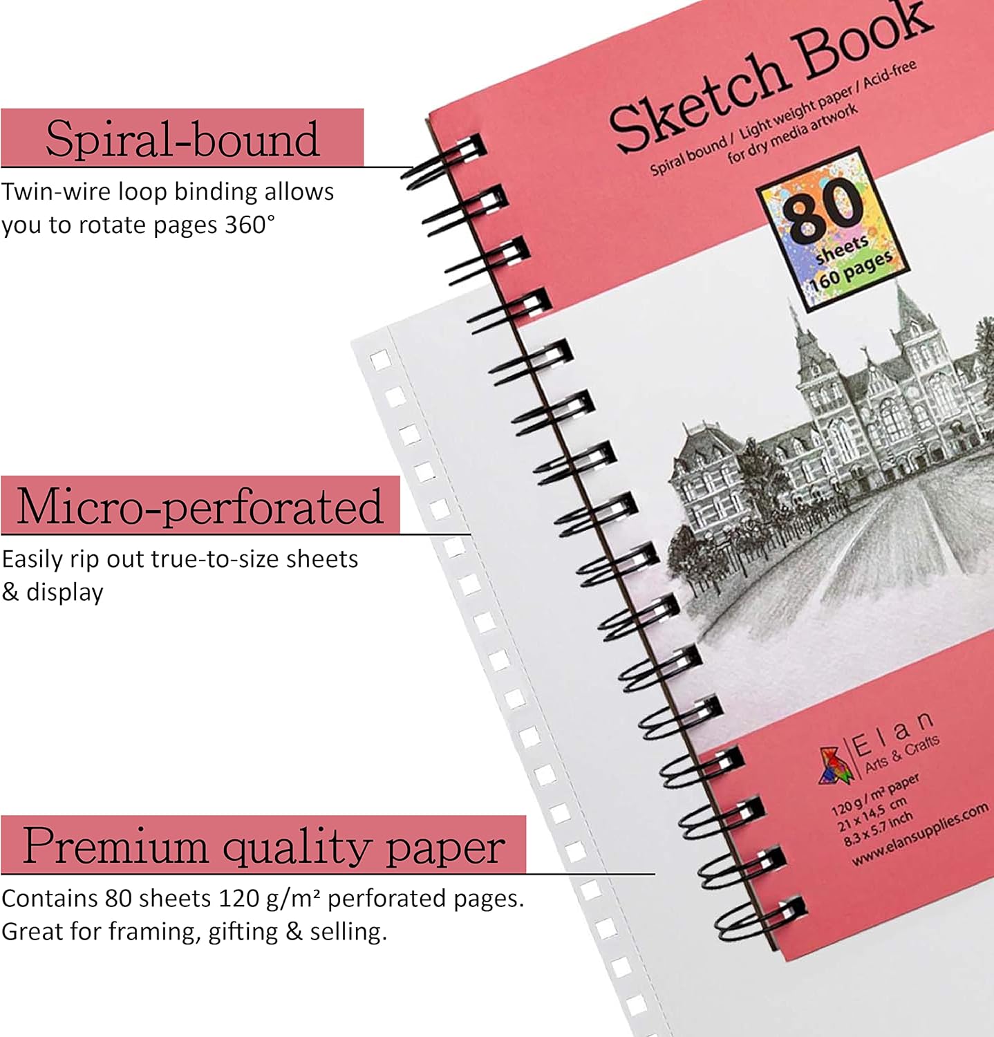 Sketch Book A5, 80 Sheets Italian 120gsm Paper, A5 Sketchbook Spiral Bound Made for Artists, A5 Art Book, Sketching Pad A5, Lightweight Drawing Book, Sketchbook A5, Large A5 Sketch Pad A5