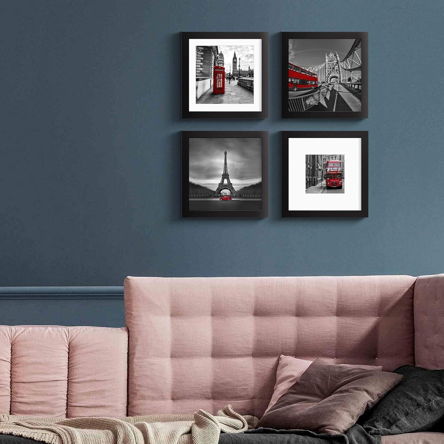 8x8 Picture Frames Black Solid Wood Display Pictures 6x6 or 4x4 with Mat or 8x8 without Mat - 8x8 Inch Square Photo Frames with 2 Mats Multi Photo Frames Collage for Wall or Tabletop Mount, Set of 4