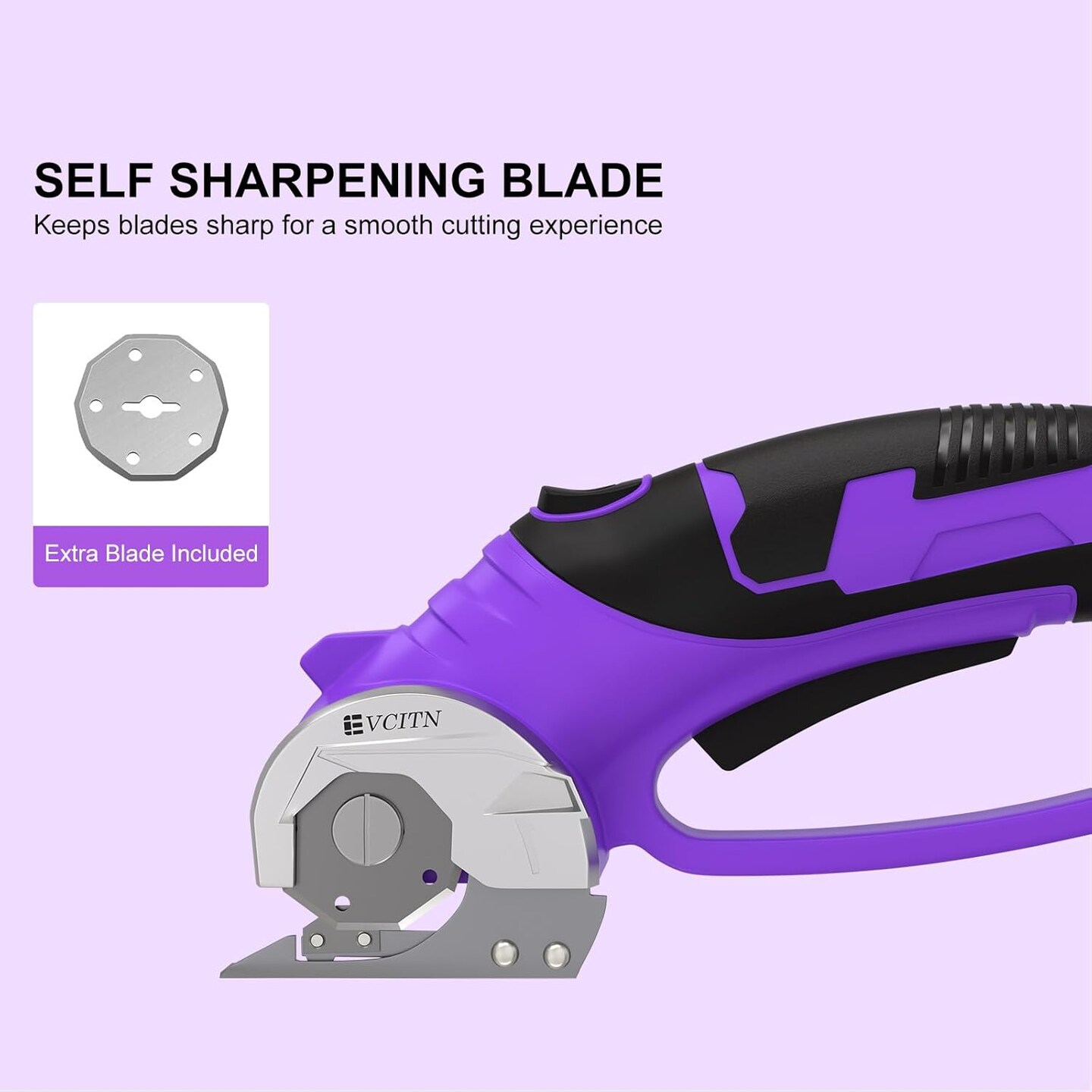 Cordless Electric Scissors, Cardboard Cutter with Replacement Self-Sharpening Cutter Blade and Safety Lock, Rotary Cutter with LED Light for Fabric, Carpet, Leather or Plastic, Purple