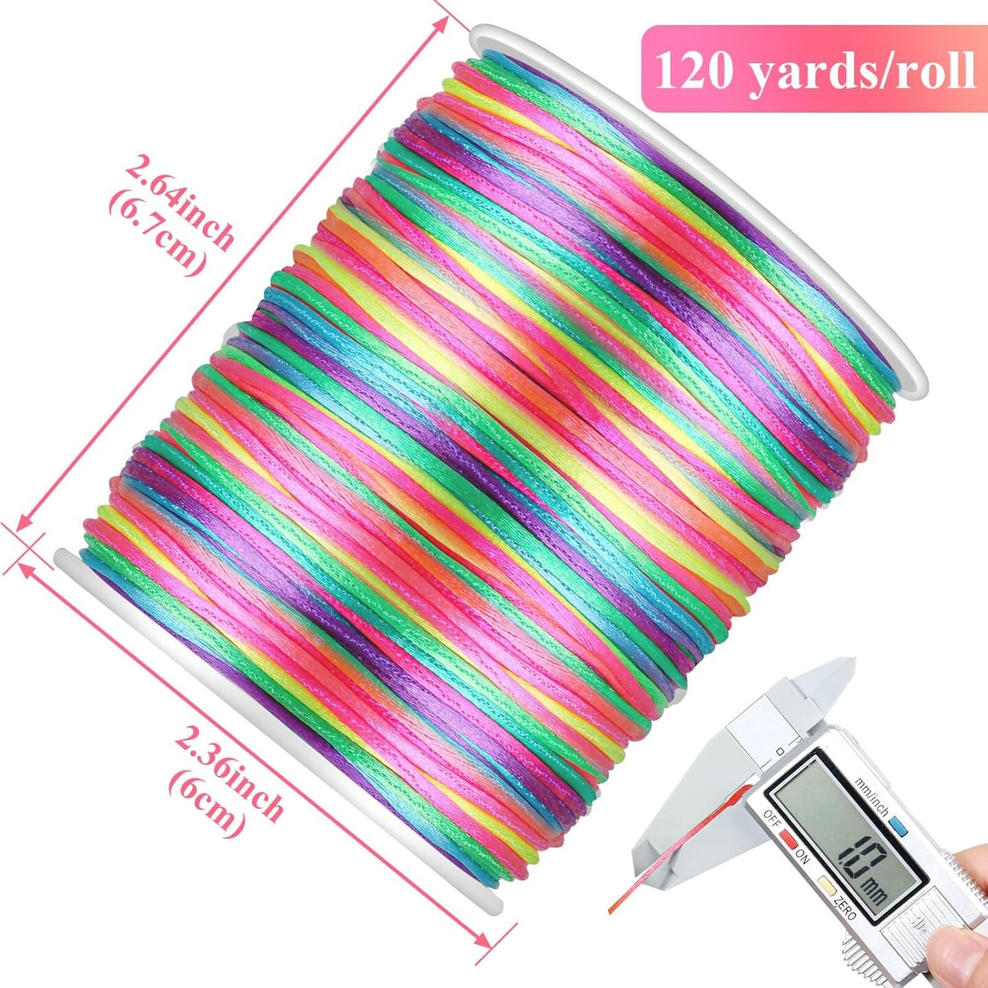 Rainbow Color Nylon Cord, Nylon Craft String, Silky Satin Rattail Cord Beading String for Braided Bracelets, Pendants Necklace, Macrame Keychains, Lanyards, Drawstring Bags, DIY Crafts, Sewing