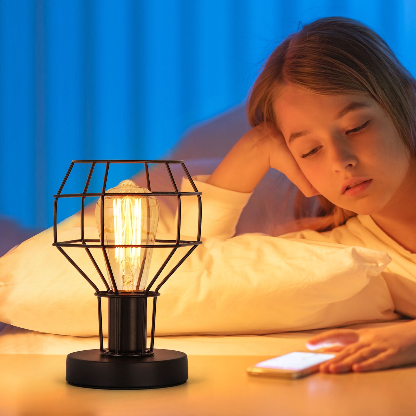 Industrial Vintage Table Lamp Metal Cage Shade Bedside Lamp for Bedroom, Living Room, or Office E26 Bulb Compatible, 59&#x201D; Cord with Switch