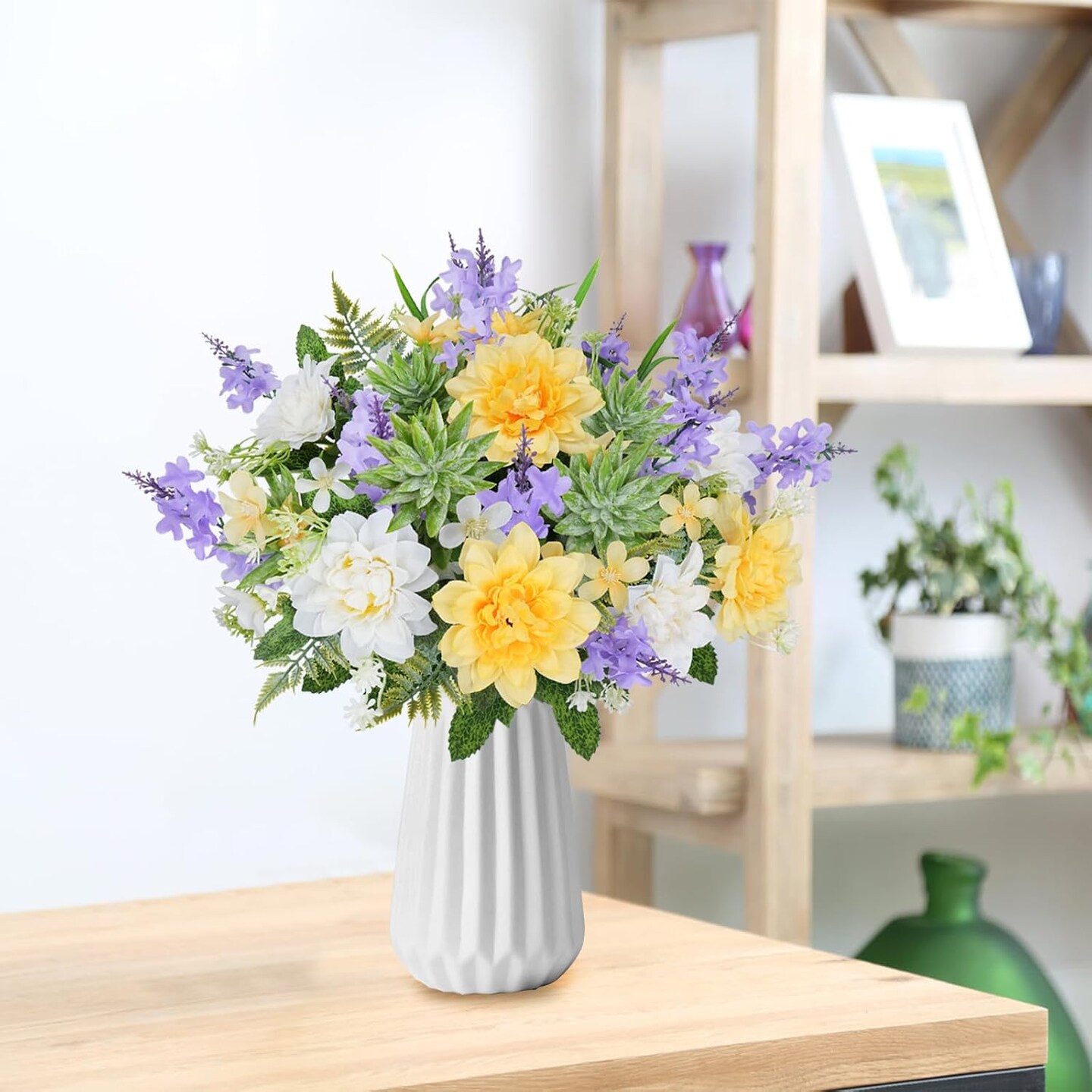 Artificial Flowers Purple Faux Dahlia Bouquet with Hyacinth Silk Floral Arrangements for Home Vase Wedding Table Centerpieces Farmhouse Spring Decor