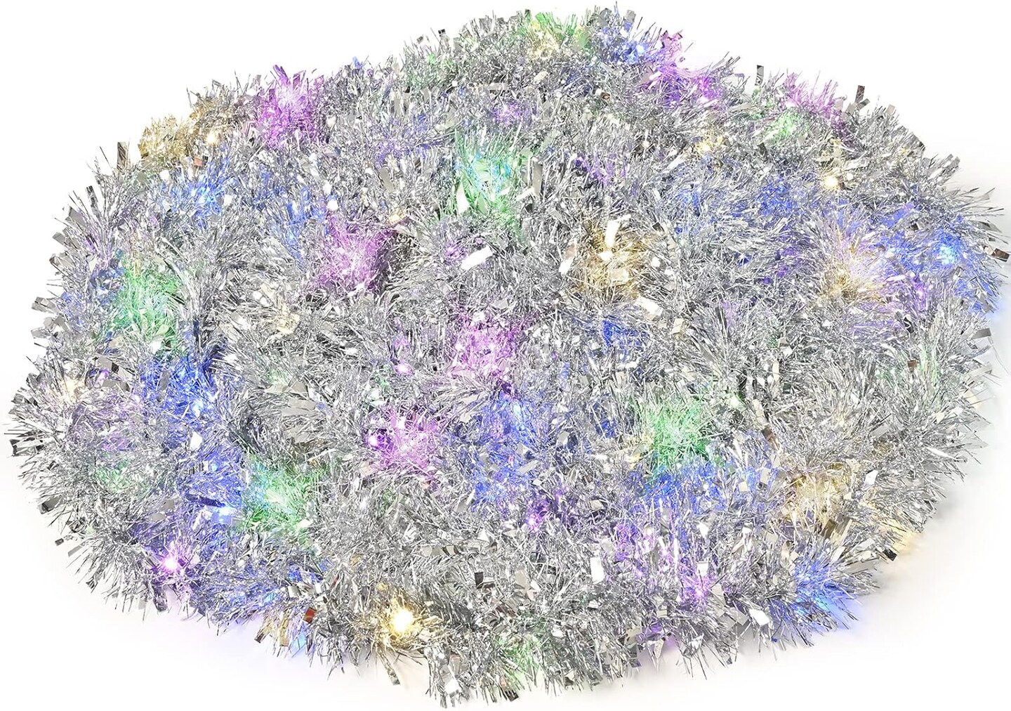 33FT Prelit Christmas Tinsel Garland Silver Metallic Twist Tinsel Garland with LED Lights Battery Operated Hanging Garland Decoration for Christmas Tree Stairs Mantle Decoration
