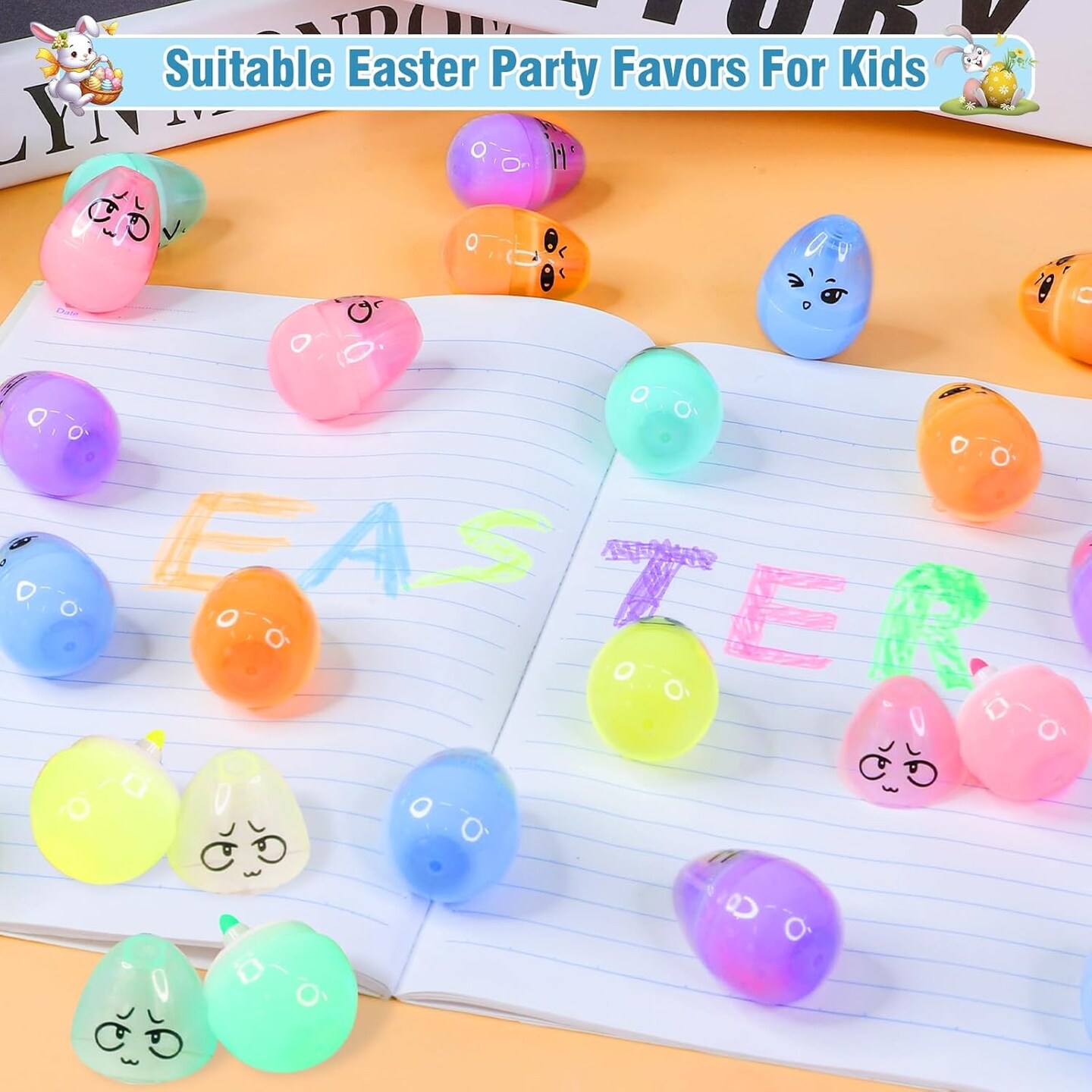 24 Pack Easter Basket Stuffers Novelty Easter Egg Marker Pens for Kids Toddlers, 6 Colors Fluorescent Art Paint Pens Cute Easter Toys for Easter Hunt Egg Fillers