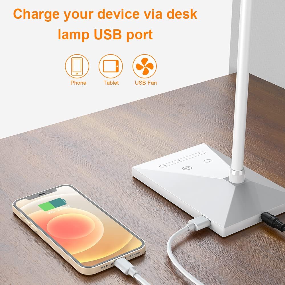 LED Desk Lamp with USB Charging Port, Eye-Caring, 5 Color Modes,6 Brightness Levels, Touch Control, Flexible Gooseneck, Memory Function for Dorm Office Work Bedroom
