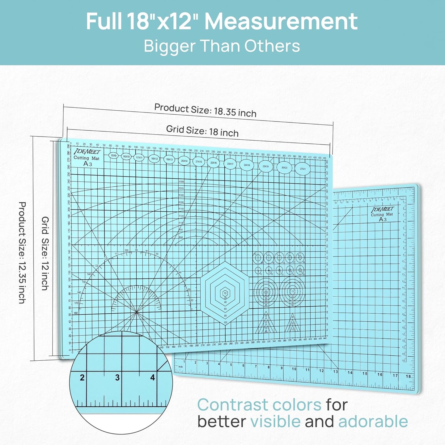 Full 18''x12'' Grid Size Self Healing Cutting Mat, A3 Rotary Cutting Sewing Mat, 5-Ply Double Sided Cutting Board for Crafts Sewing Quilting Hobby Fabric Precision Scrapbooking Project, Aqua Blue
