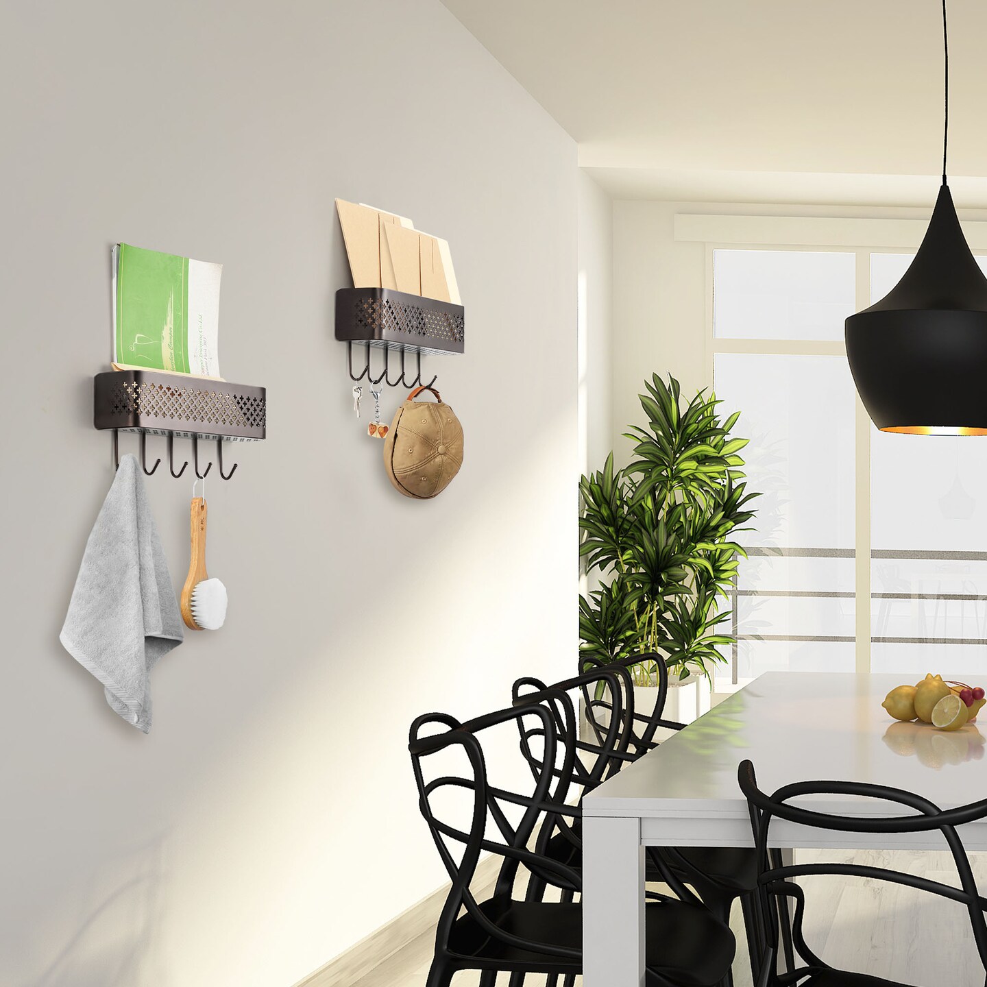 2PCS Wall Mount Metal Letter Holders Basket with 5 Hooks