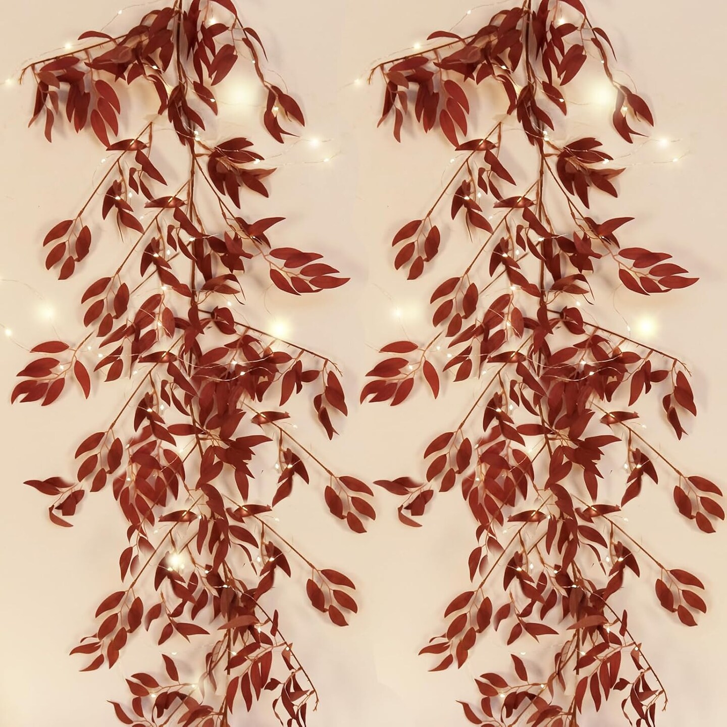 Artificial Hanging Willow Vine Twigs Whit Light 2Pcs 5.7Ft Fake Fall Garland Faux Silk Willow Leaves Ivy Indoor Outdoor