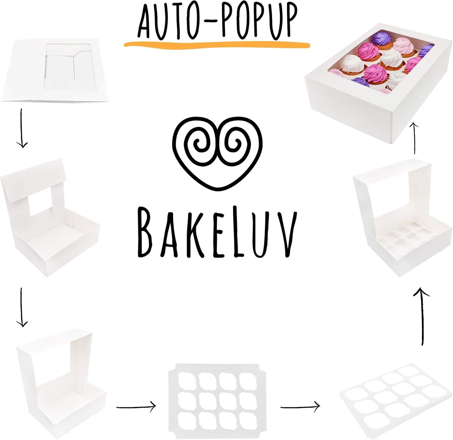 White 12 Cupcake Boxes, Cupcake Containers | 13x9.5x4, 25 Pack | 12 Cupcake Box Bulk, Cupcake Boxes 12 Count Carrier, Option to 14x10x4 Bakery Boxes with Window, &#xBC; Sheet Cake Box 13x9 Inches