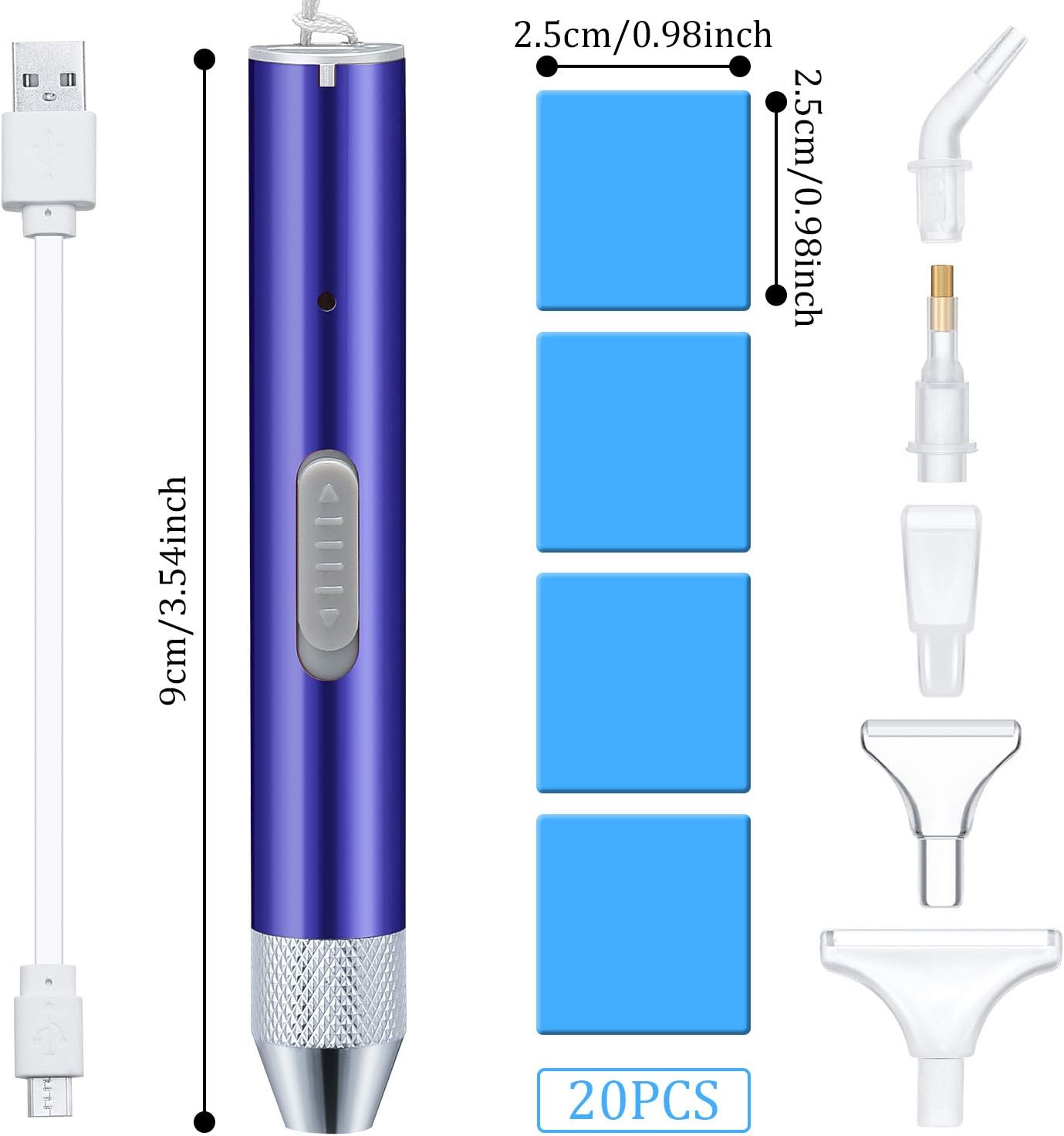 Diamond Painting Pen Point Drill Pen with Light 5D DIY Diamond Painting Tool with 20 Pieces Painting Glue Clay 5 Pieces Replacement Pen Heads for DIY Painting Craft (Blue)