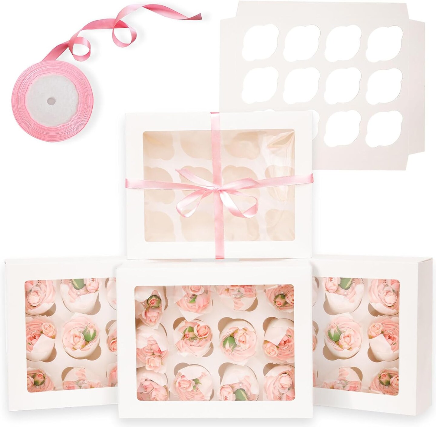 12 Cupcake Containers 20-Packs White Cupcake Box Cupcakes Carrier, 12 Cupcake Boxes with Window 13&#x22;x10&#x22;x3.5&#x22;&#xFF08;Auto-pop up&#xFF09;