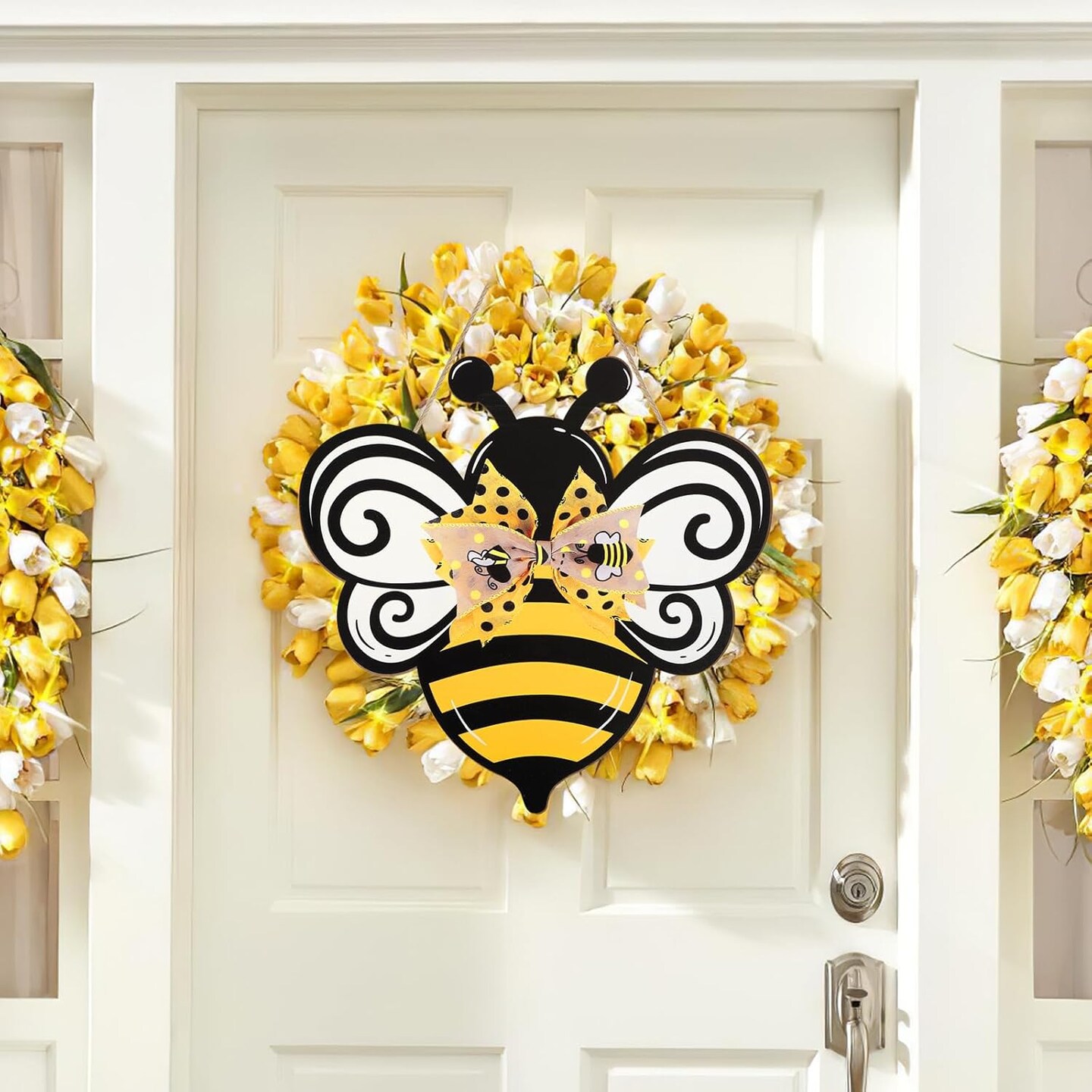 Bee Wooden Wreath Sign with Bow – Spring Front Door & Farmhouse Decor