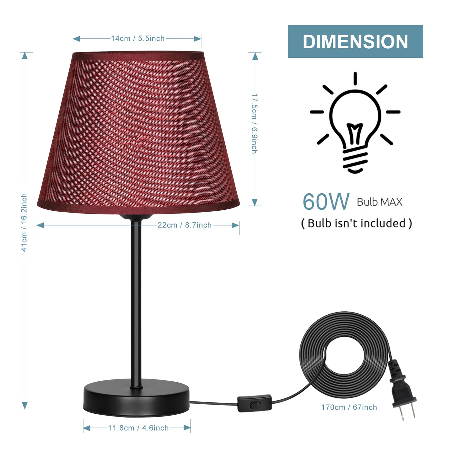 2pcs Vintage Brushed Red Modern Bedside Table Lamp