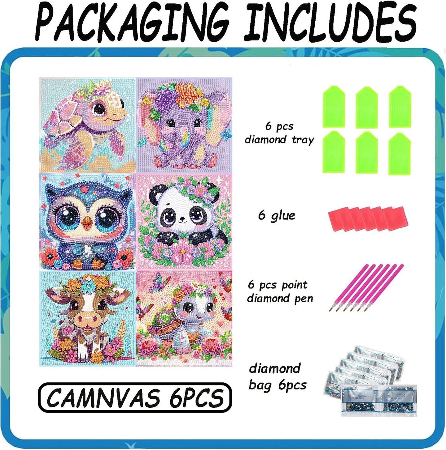 6 Pack 5D Cartoon Diamond Painting Kits for Kids Beginners,Cute Animals DIY Diamond Art Kit for Kids
