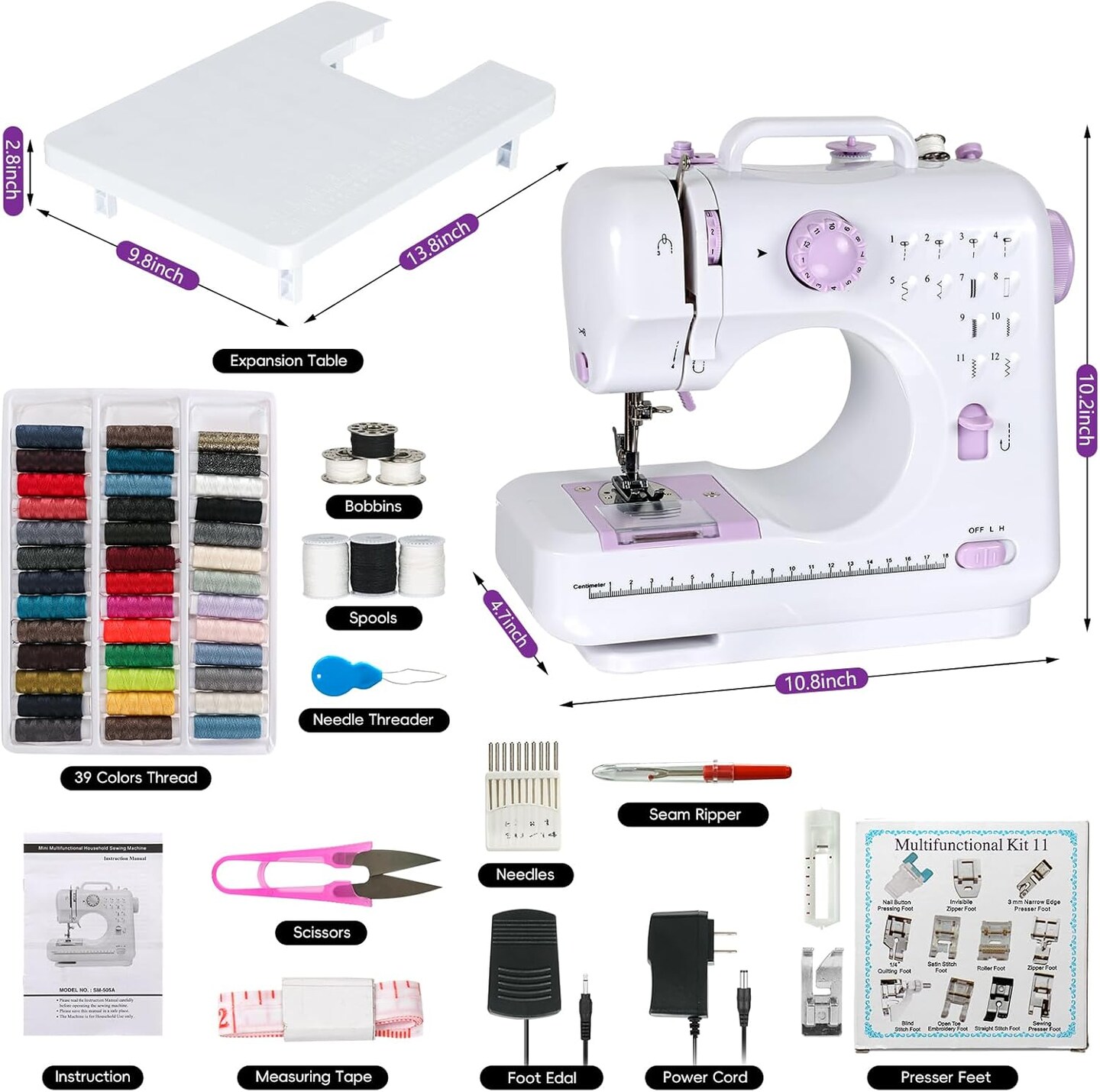 Sewing Machine for Beginners, Mini Sewing Machine Built-in 12 Stitches, 13 Replaceable Presser Feet, Extension Table, Light, Reverse Sewing, 2 Speed Foot Pedal, Portable Sewing Kit
