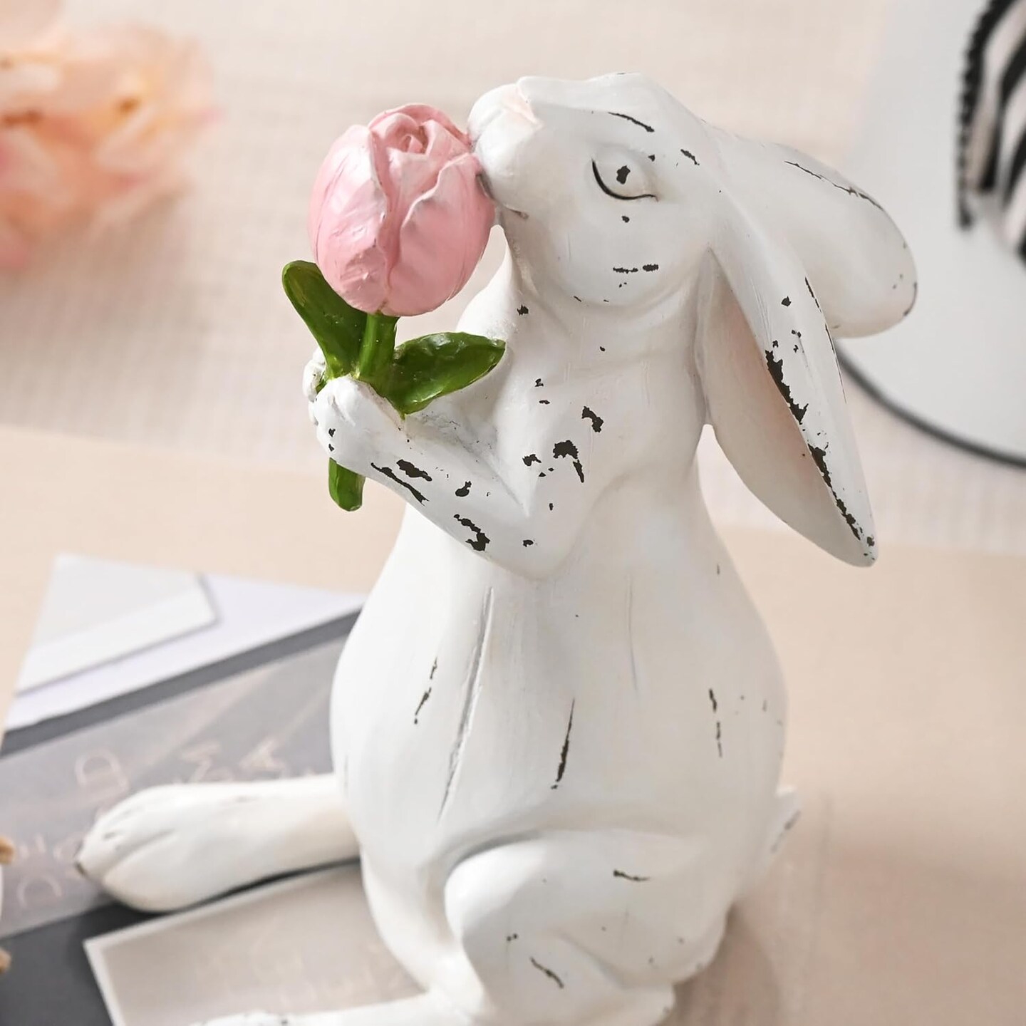 Easter Bunny Decorations for Home, Large White Couple Rabbits Figurine Tabletop Decor, 2Pcs Cute Easter Gifts Resin Statues for Spring Holiday Indoor Party Table Centerpieces, 9.6&#x22;