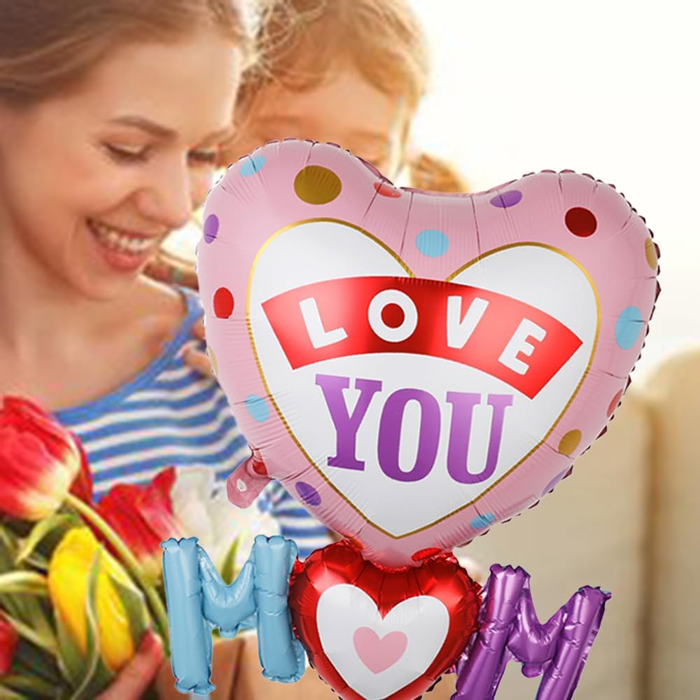 Love You Mom Balloons – Mother’s Day Heart Foil Balloon Set (3PCS)