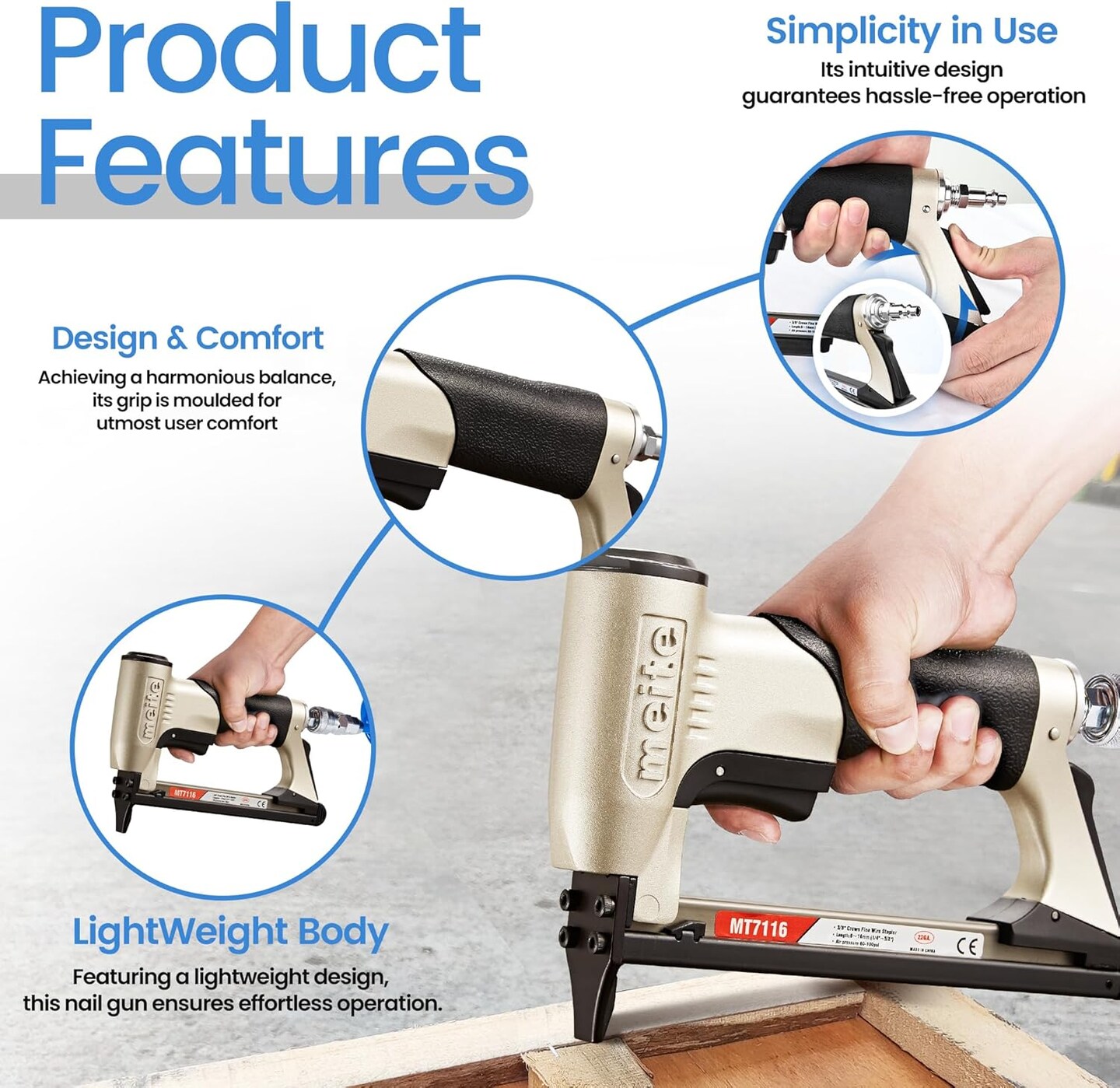 MT7116 Pneumatic Staple Gun - 22 Gauge 71 Series 3/8-Inch Crown 1/4-Inch to 5/8-Inch Length Air Upholstery Staple Gun Fine Wire Upholstery Stapler Gun