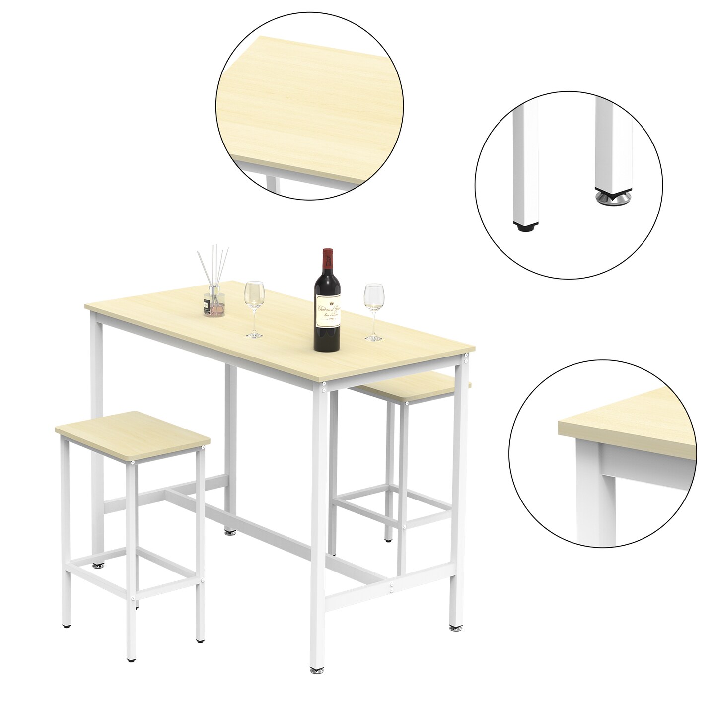 3-Piece Industrial Counter Height Dining Set Breakfast Bar Table with 2 Stools, Space-Saving Kitchen Bistro Set, Adjustable Feet