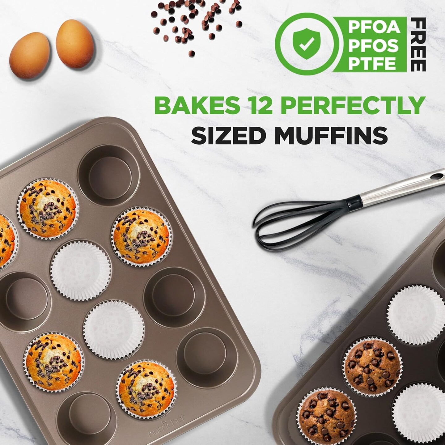 Muffin Pans for Baking, Nonstick 2-Piece Cupcake Tin w/ 12-Cups, Carbon Steel Stackable Cup Cake Tray, Dishwasher Safe - Gold