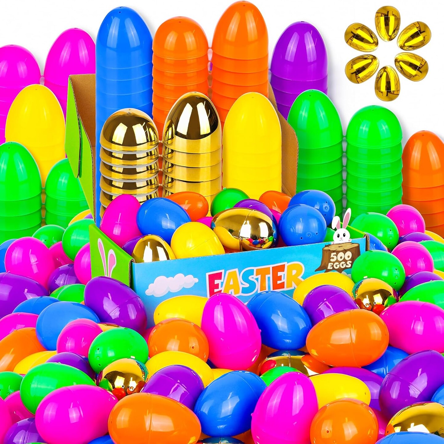 500 Pack Plastic Easter Eggs 6 Surprise Golden Eggs, Empty Easter Eggs Fillable, Bright Colors Plastic Eggs Bulks for Easter Hunt, Easter Party Favor, Basket Stuffers Fillers