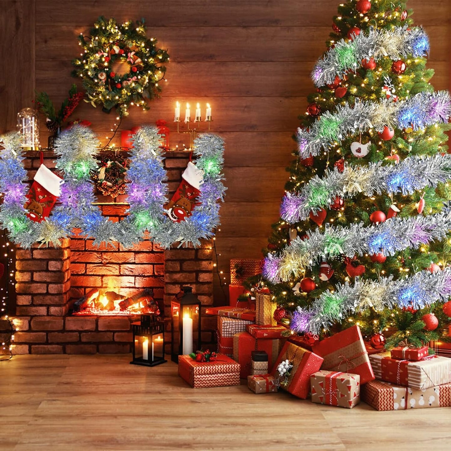 33FT Prelit Christmas Tinsel Garland Silver Metallic Twist Tinsel Garland with LED Lights Battery Operated Hanging Garland Decoration for Christmas Tree Stairs Mantle Decoration