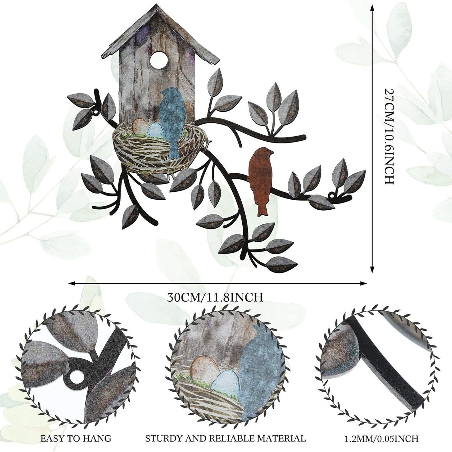 Birds Metal Wall Art – Tree with Birdhouse, Indoor & Outdoor Garden Decor (Brown)