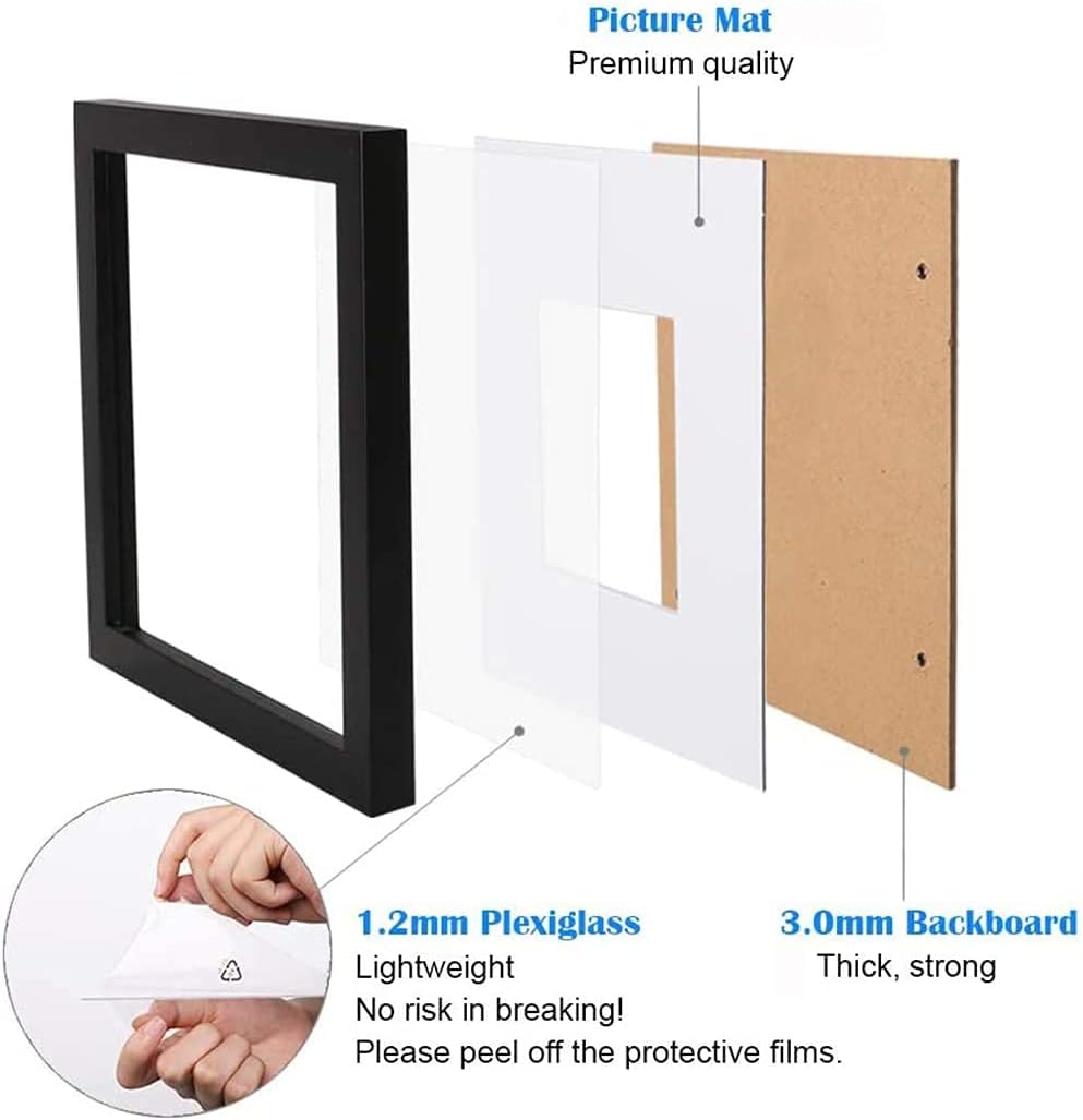 8x8 Black Picture Frame Set,Square Photo Frame with Mat Display Pictures 5x5 or 8x8 Without Mat,PVC Glass,for Wall Home Office Décor(8x8,Black)