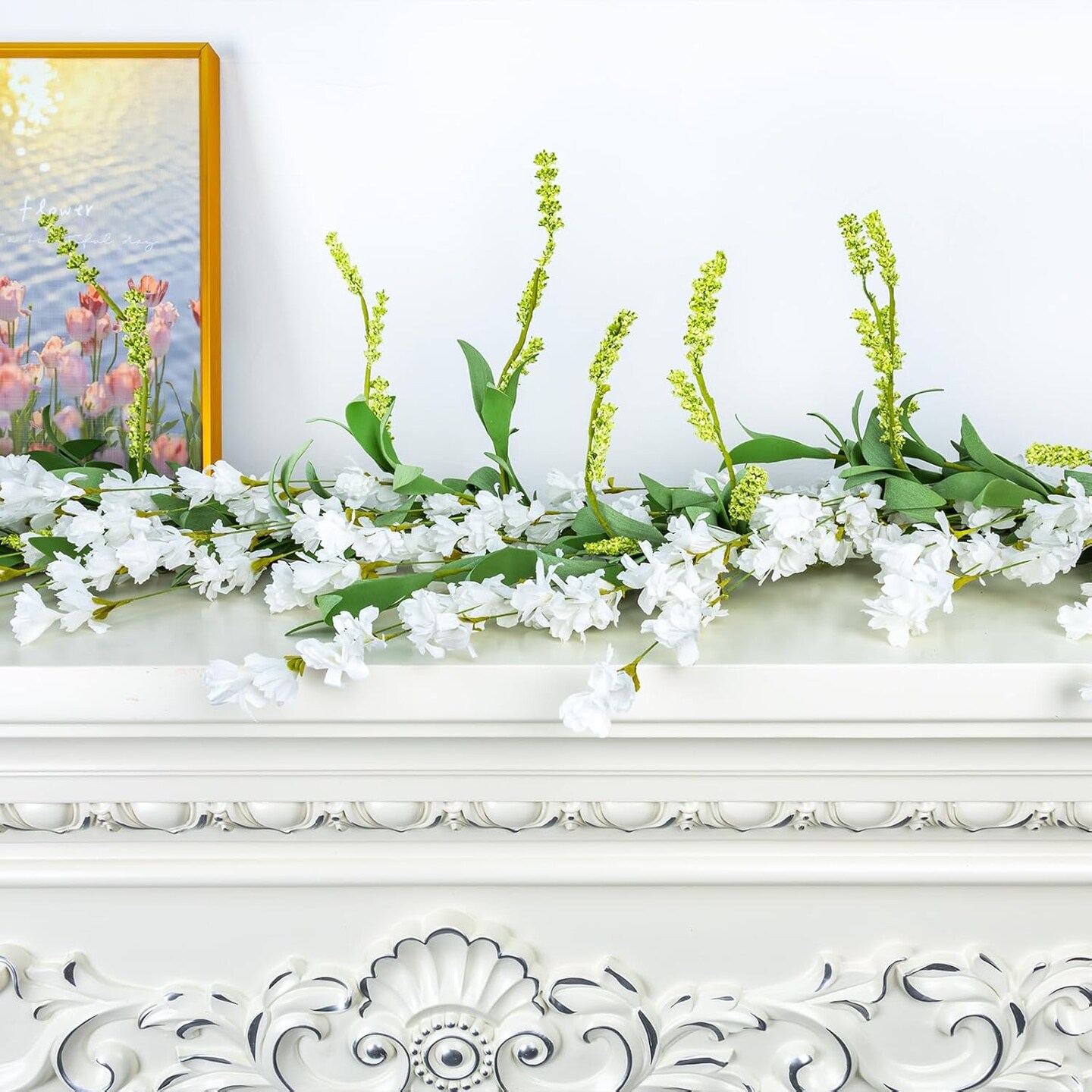 Flower Garland 6 Ft Spring/Summer Floral Garland for Mantle All Year Round Paper Decor for Indoor/Outdoor Home Wedding Arch Porch Staircase Backdrop (White)