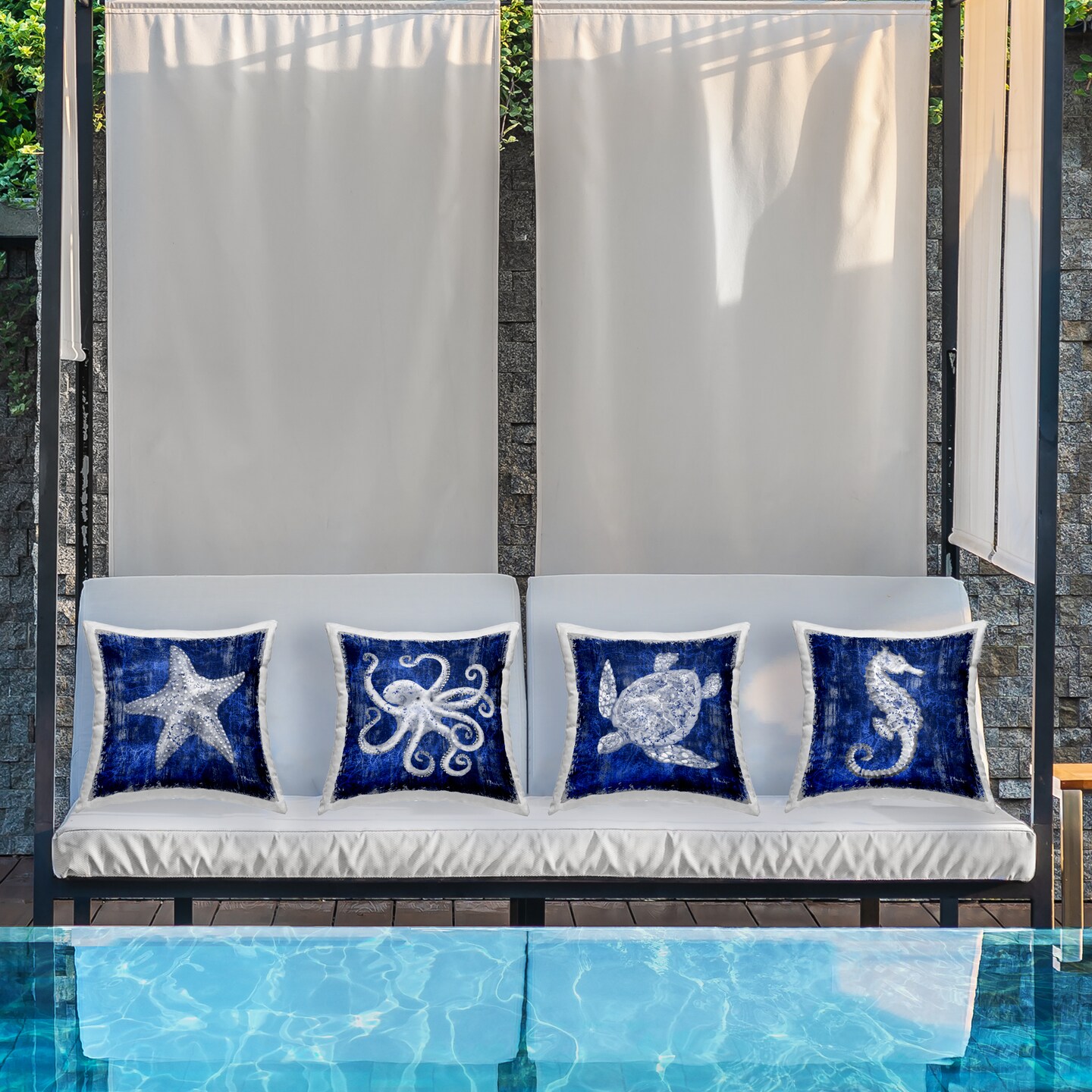 Stupell Industries Sea Life on Abstract Blue 4pc Outdoor Printed Throw Pillow Set Design by Paul Brent, 18 x 7 x 18