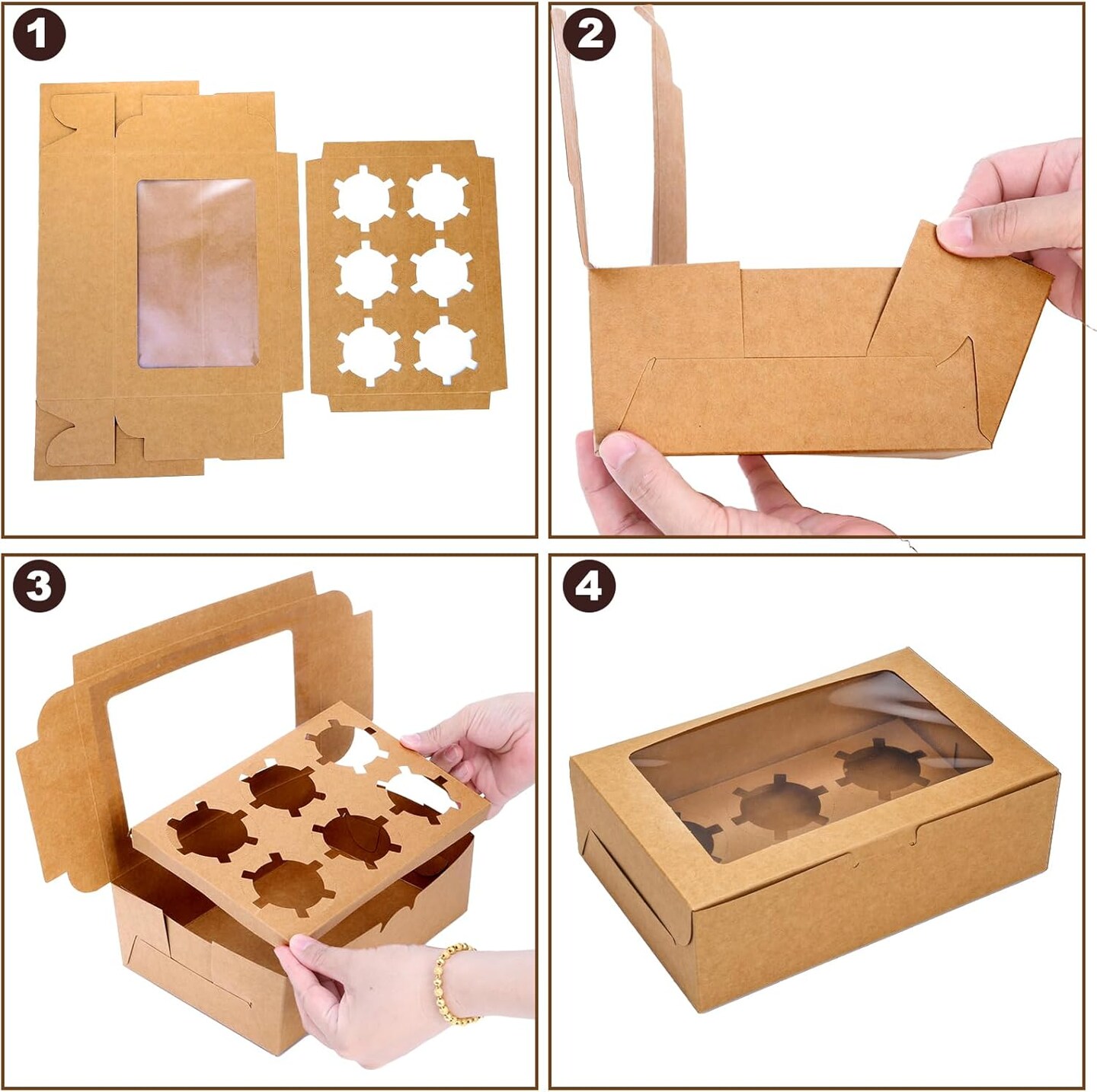 50 Pack Kraft Cupcake Box with Insert and Window Hold 6 Standard Cupcake, Food Grade Cupcake Carrier Container, Brown Bakery Box for Pastry, Cookies, Small Cake, Desserts Treat.
