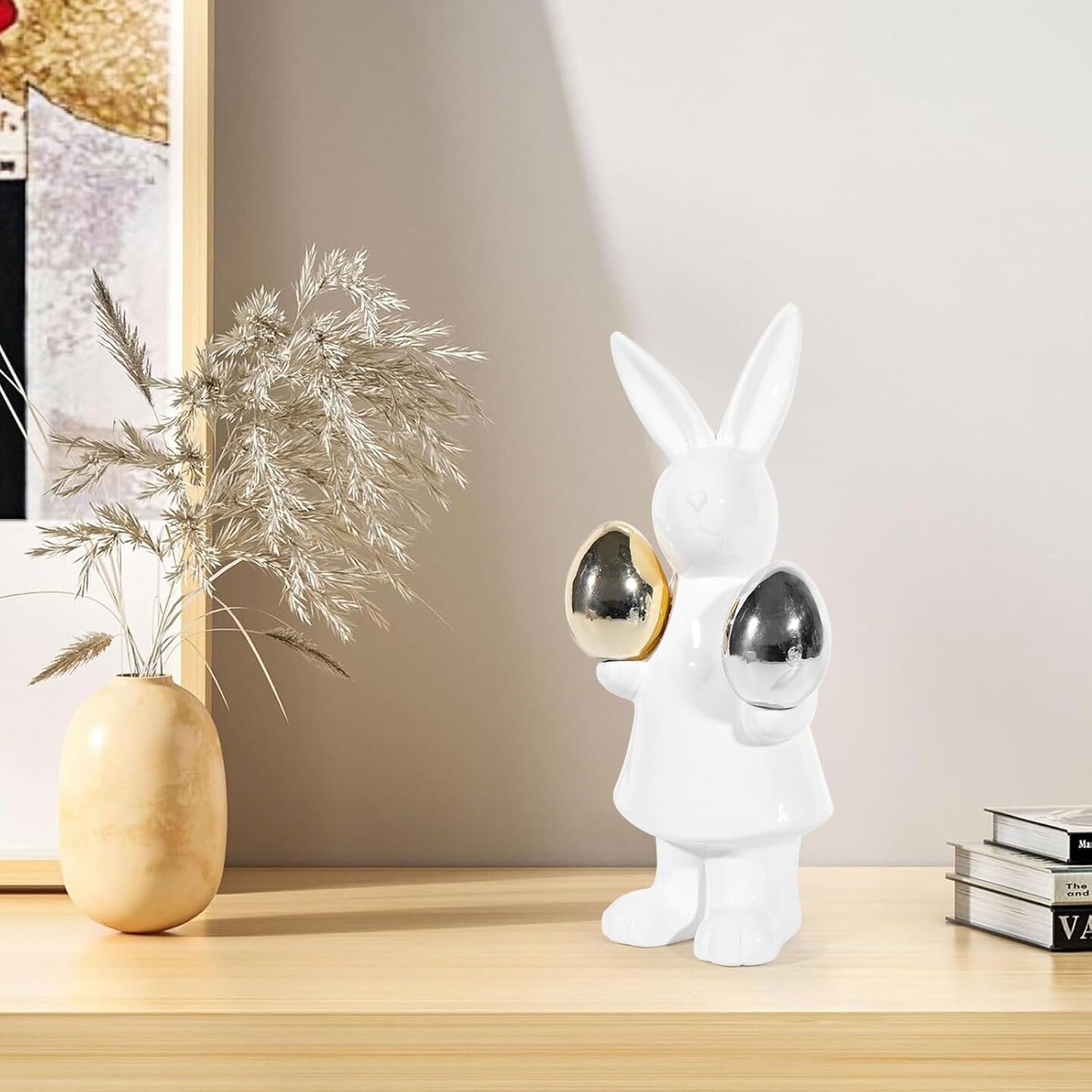 Ceramic Bunny Easter Decor,Table Rabbit Easter Decorations,Spring Bunnies Decoration Statue Figurine for Home Farmhouse(Gold and Silver Eggs-Big)